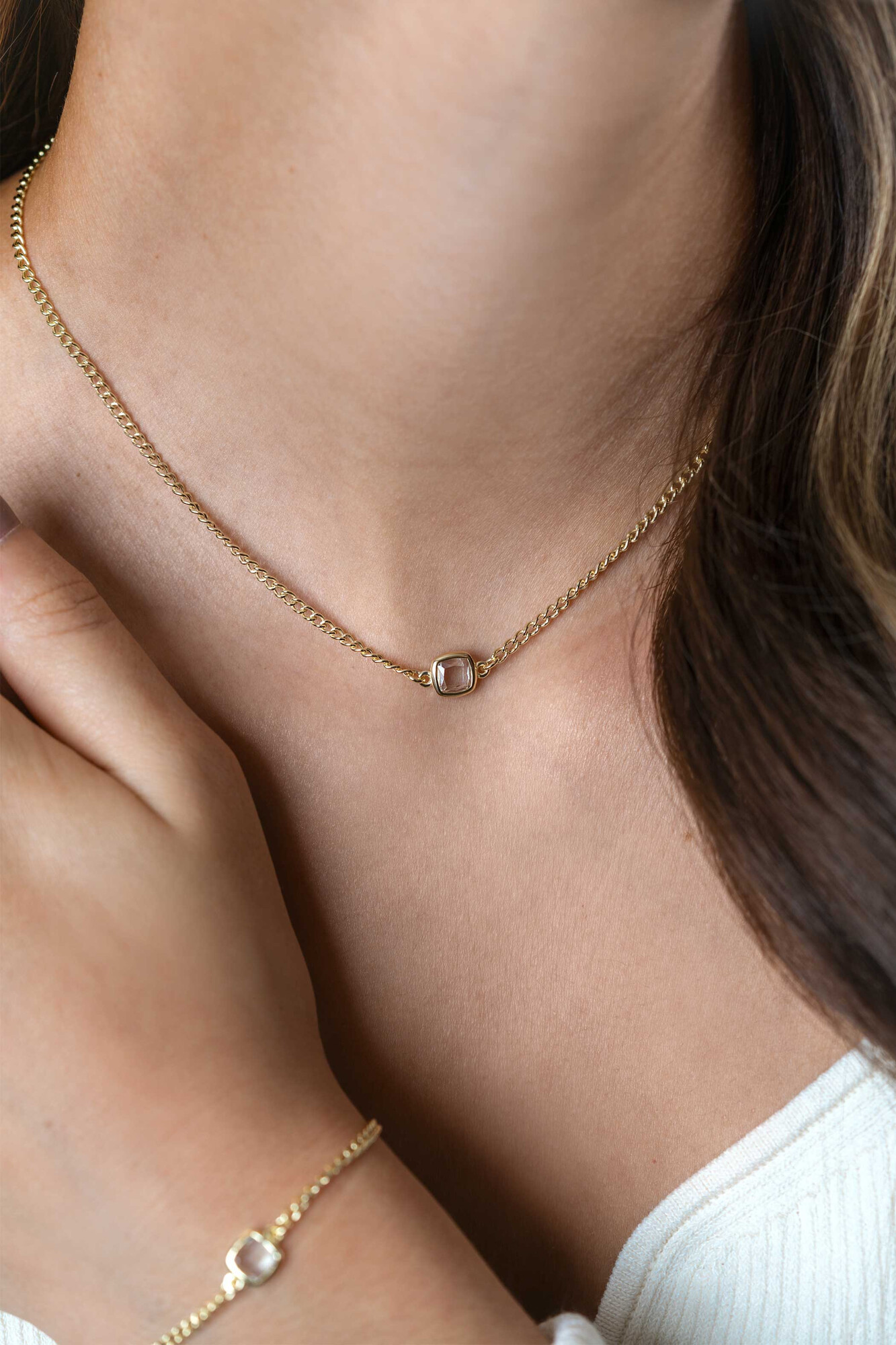 ZINZI gold plated silver gourmet necklace with square setting white zirconia 40-45cm ZIC2417Y
