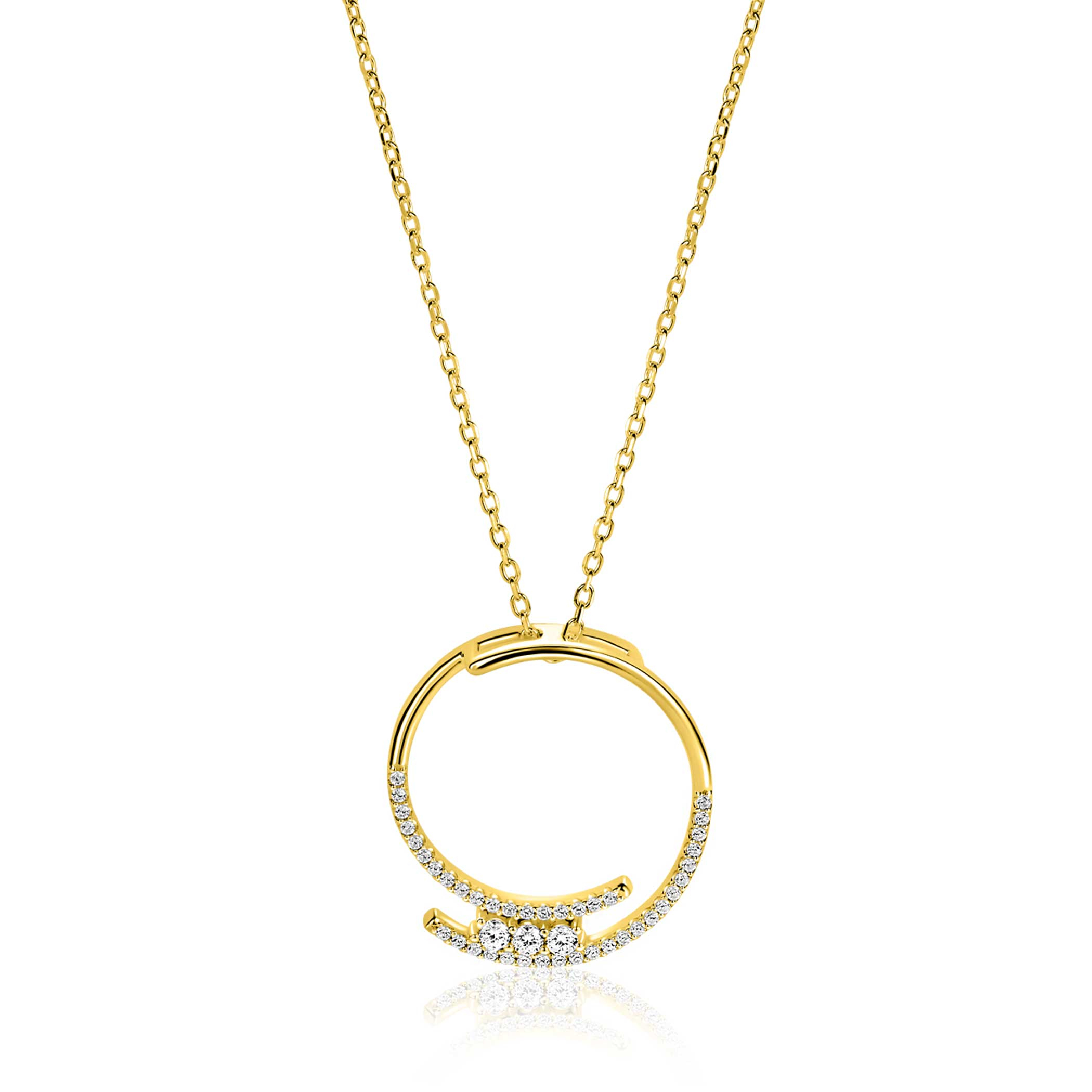 ZINZI gold plated silver necklace with large open round pendant 25mm set with white cubic zirconias 45-50 cm ZIC2645Y
