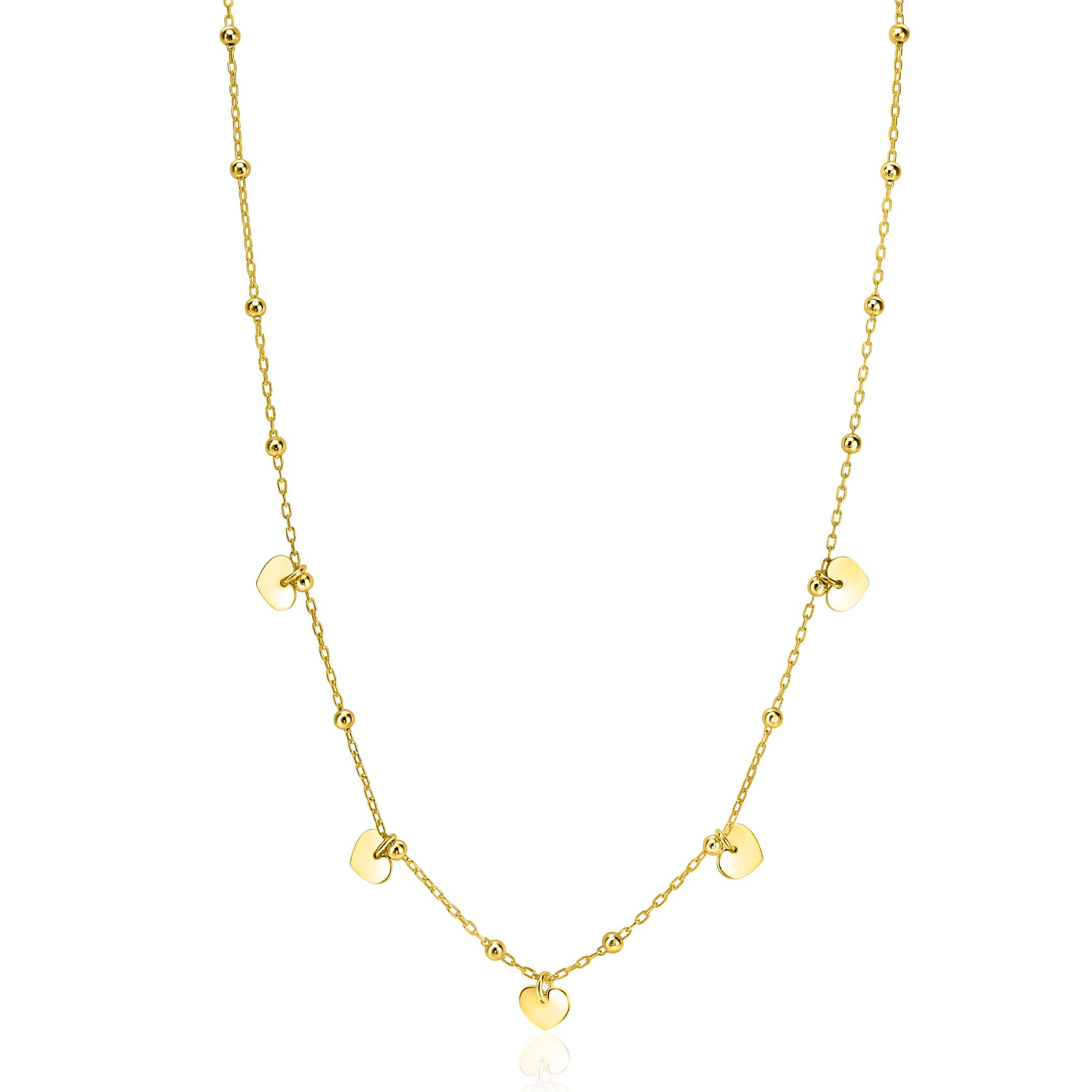 ZINZI Gold Plated Sterling Silver Chain Necklace with Beads and 5 Shiny Heart Charms 42-45cm ZIC2531G