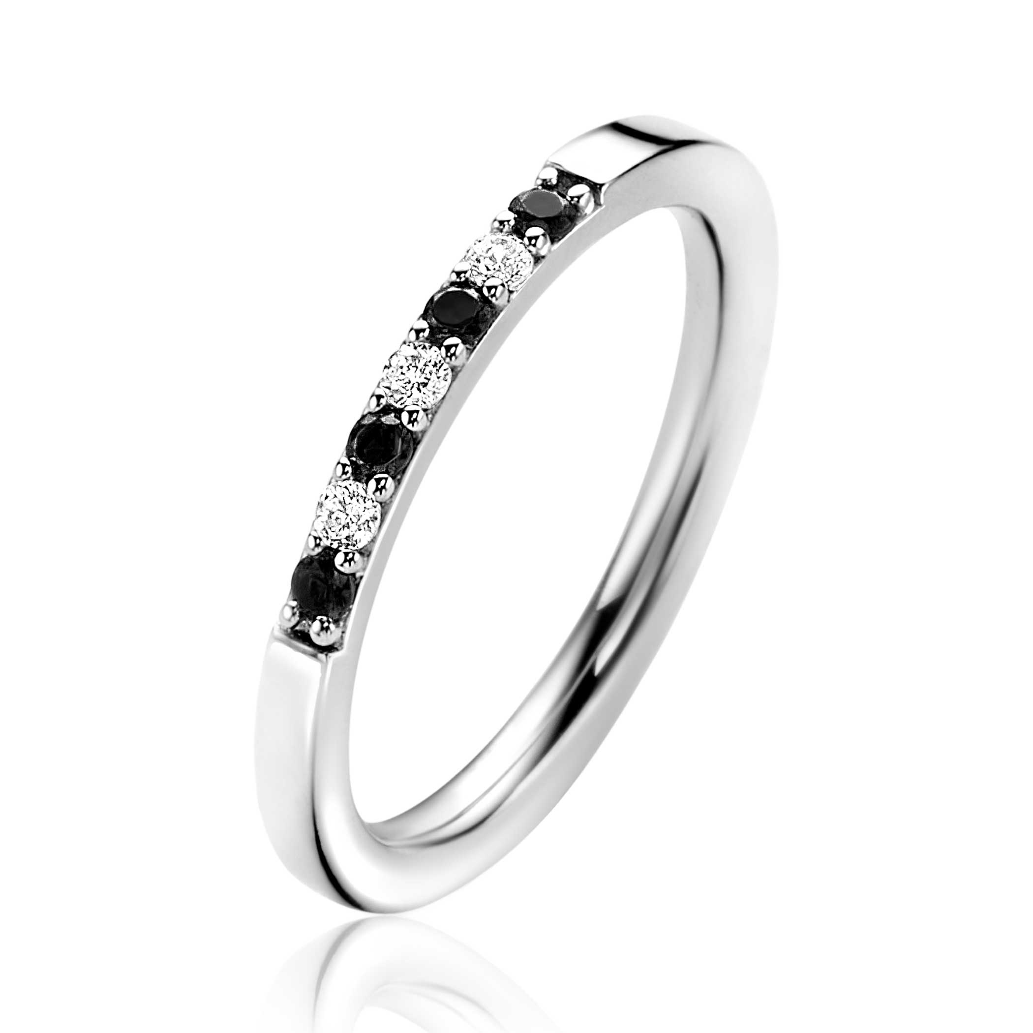 ZINZI silver stacking ring 2mm wide in bezel setting set with white and black cubic zirconias ZIR2559Z