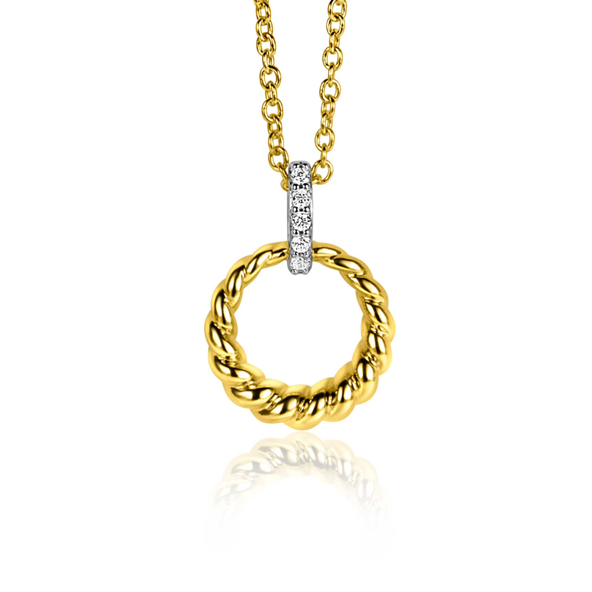 15mm ZINZI Sterling Silver Bicolor Round Pendant Twist Design Bail Set with White Zirconias ZIH2403Y (excl. necklace)