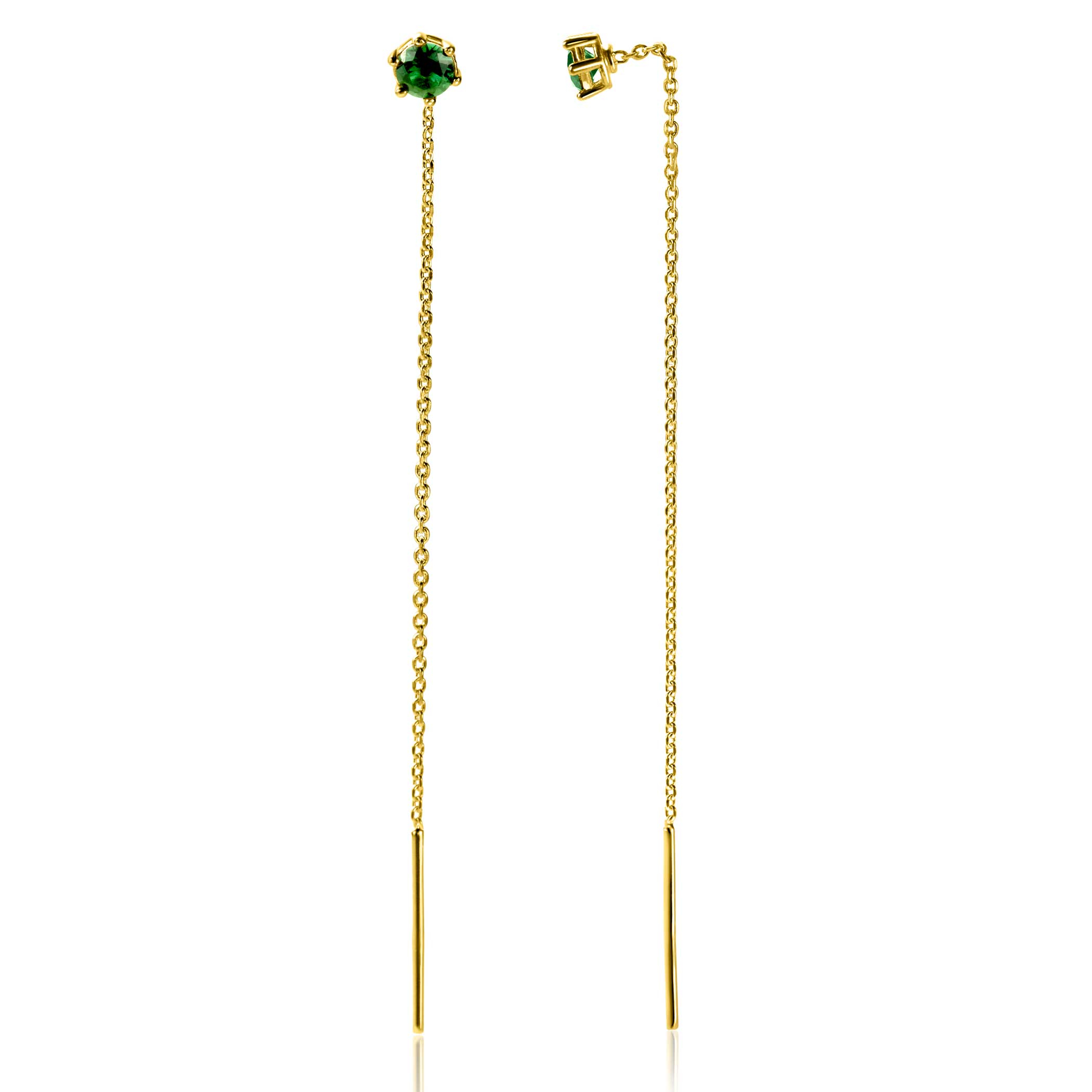80mm ZINZI gold plated silver threader earrings with 5mm green stone chaton setting and graceful chain ZIO2576GG
