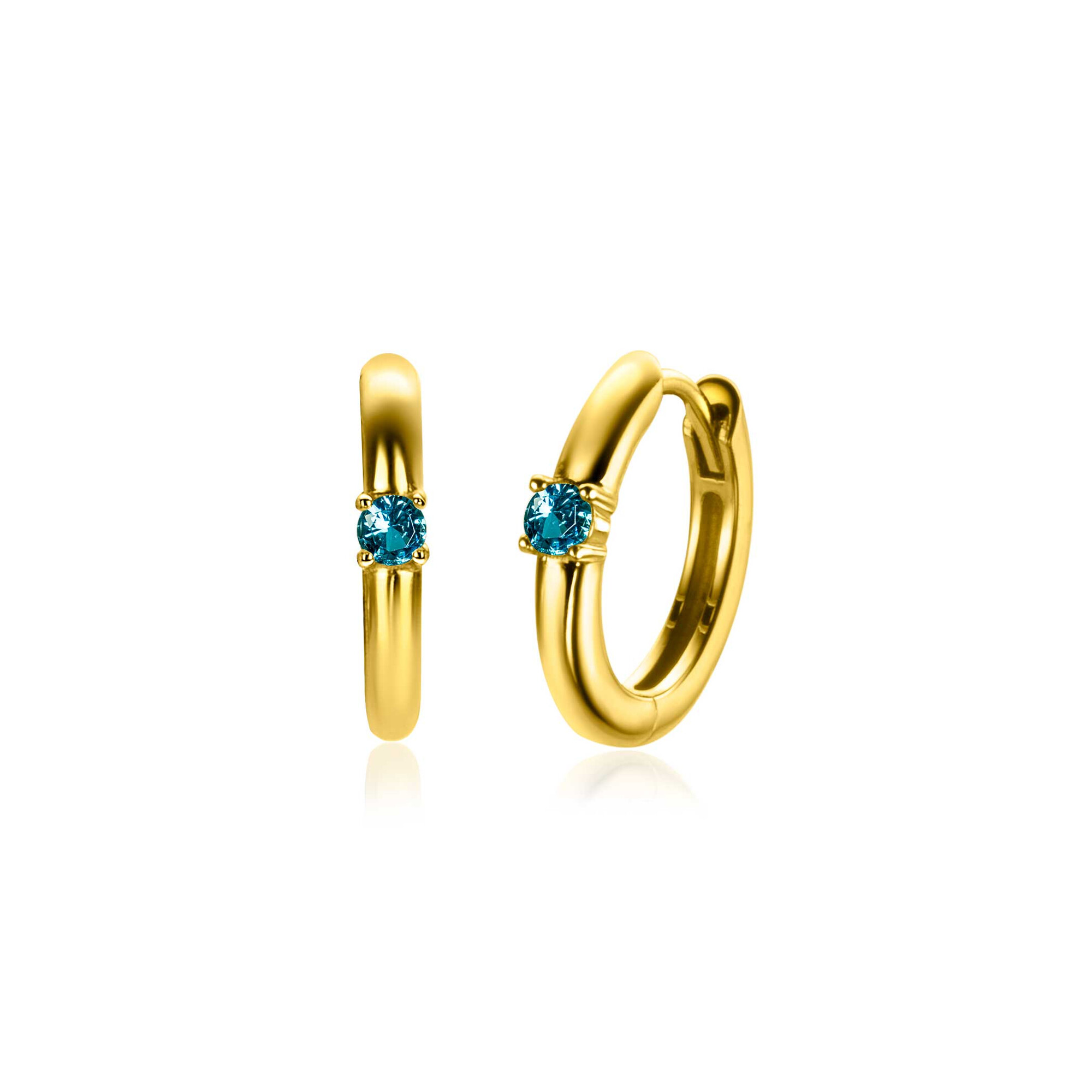MARCH Hoop Earrings 13mm Gold Plated with Birthstone Blue Aquamarine Zirconia