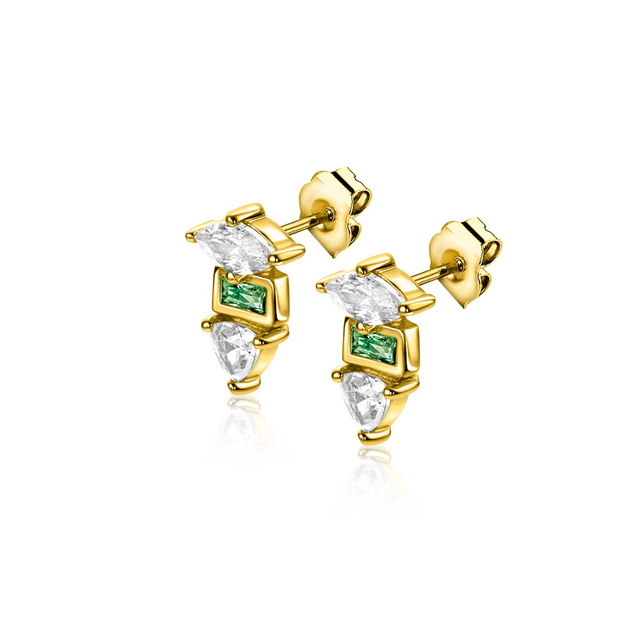 9.5mm ZINZI gold plated silver stud earrings with three different shapes of settings, set with green and white stones ZIO2630G