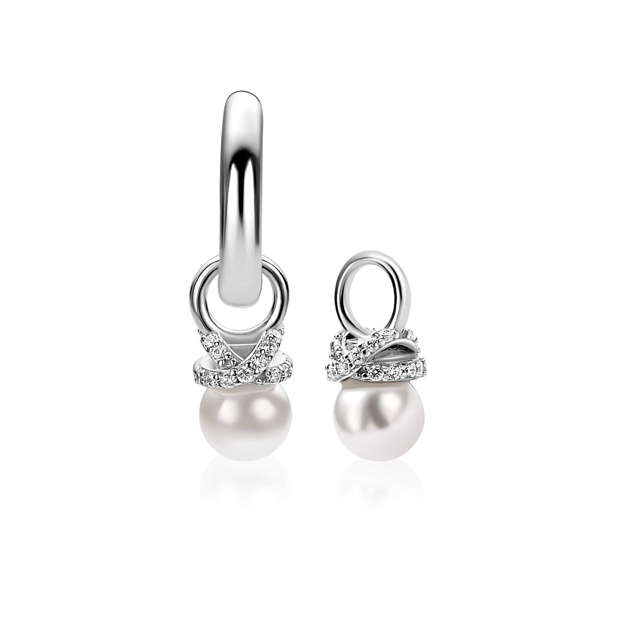 ZINZI zlv. oorbedels parel met zirconia's in x vorm