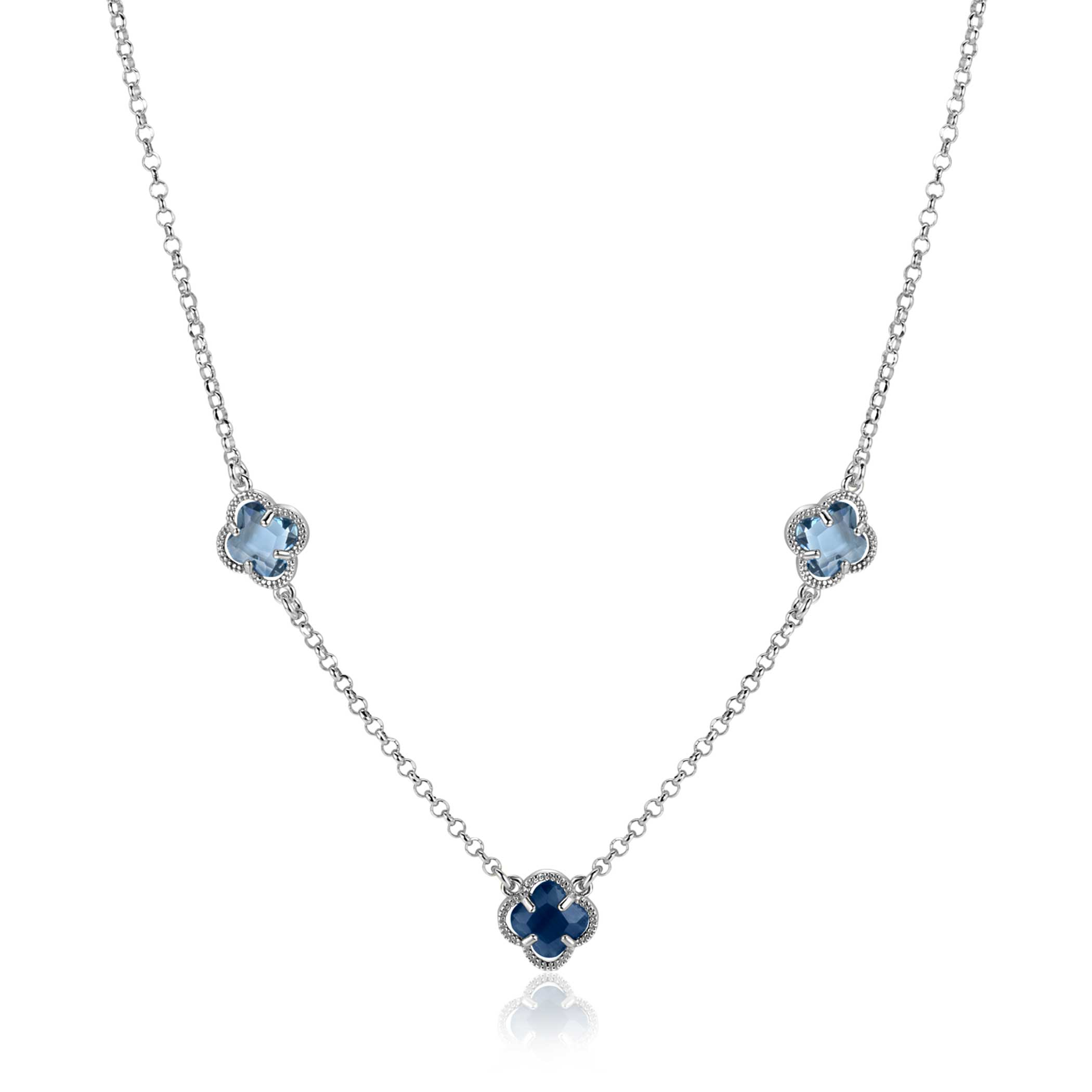 ZINZI silver link necklace with two light blue clovers and one dark blue clover 42-45cm ZIC2663B