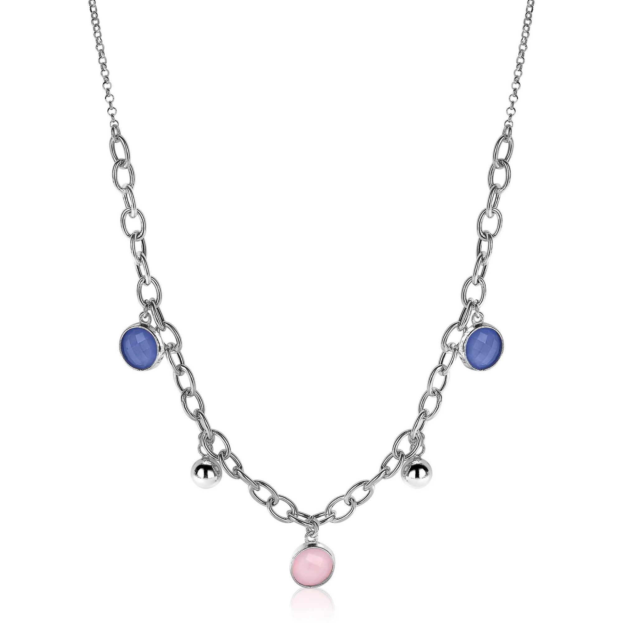 ZINZI Sterling Silver Luxurious Rolo Chain Necklace with Beads and Round Charms in Pink and Blue 45cm ZIC2005