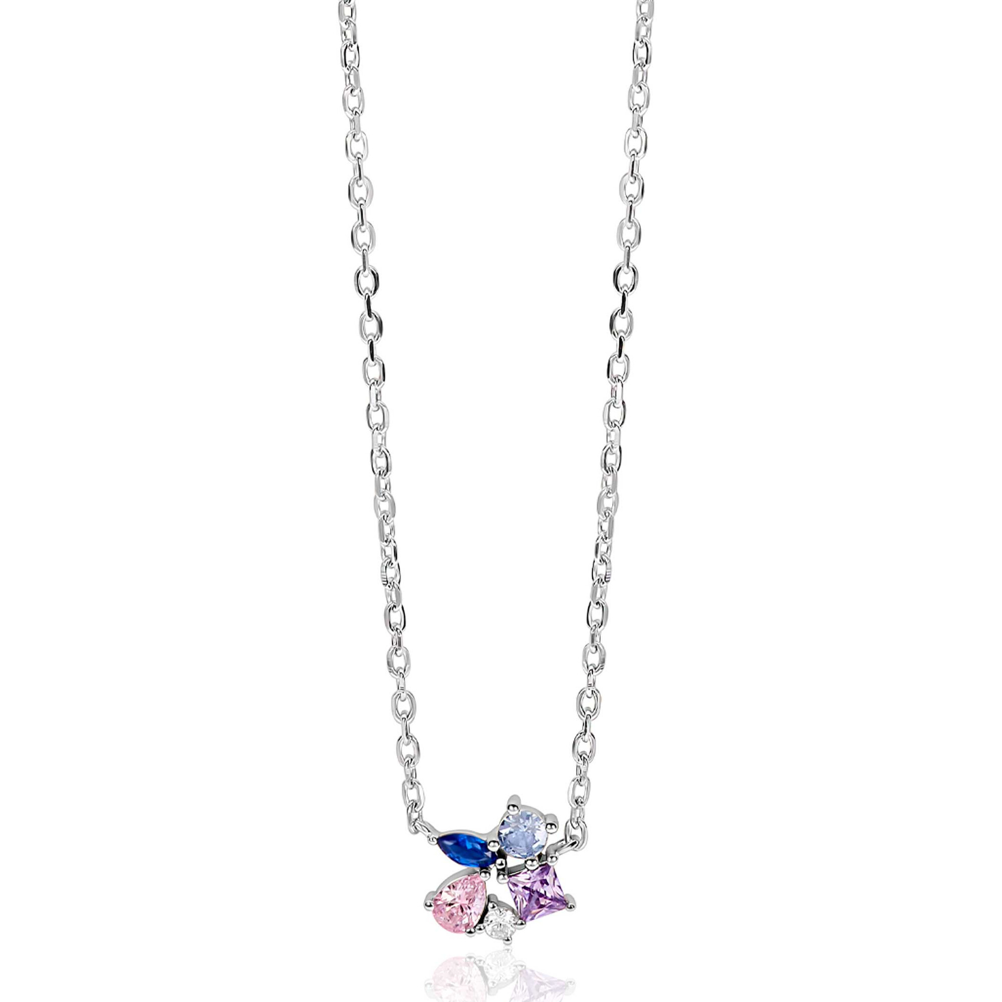 ZINZI zlv. collier fant.hanger roze paars blauw en cz