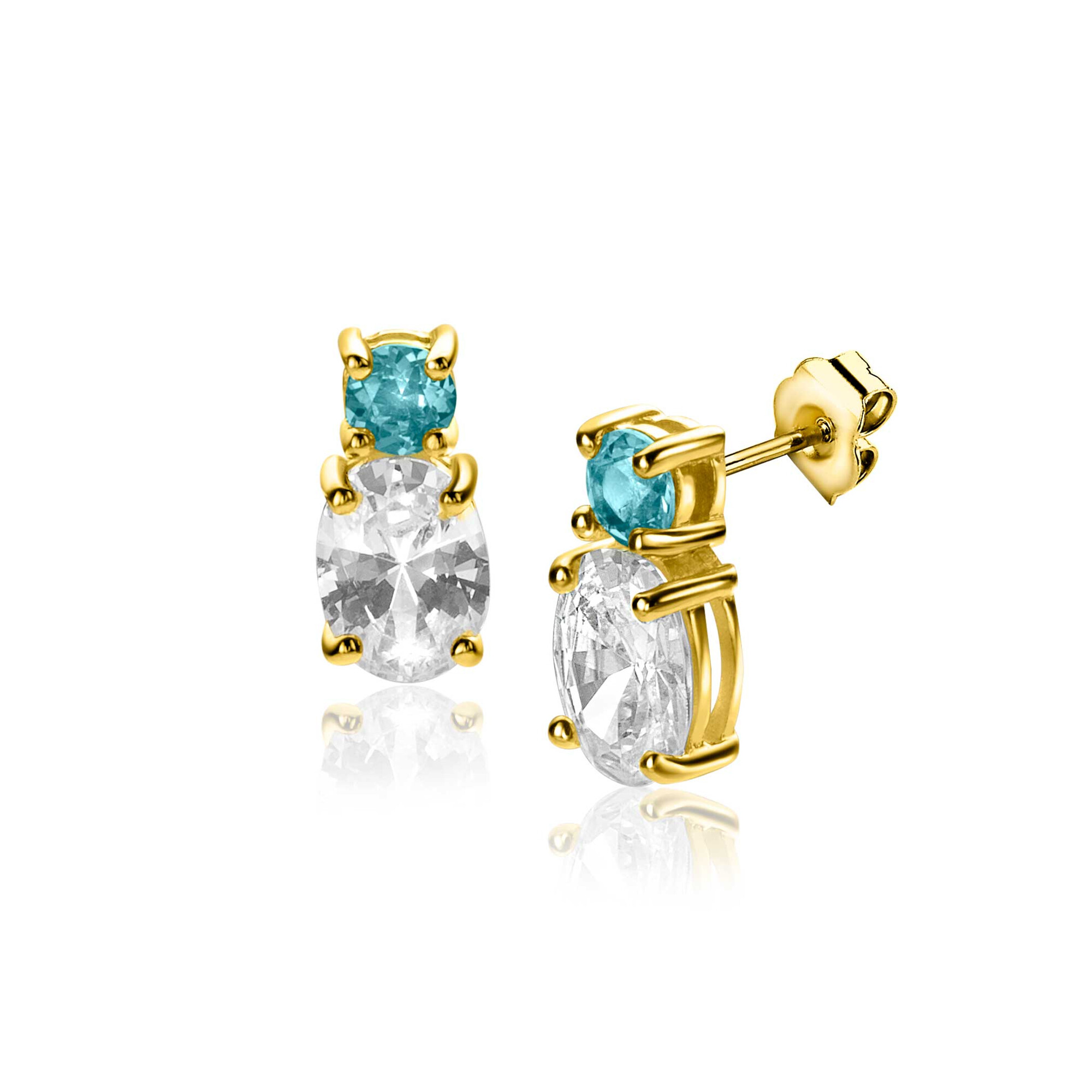 12mm ZINZI Gold Plated Sterling Silver Stud Earrings Set with a Small Round Green Color Stone and Oval White Zirconia ZIO2438