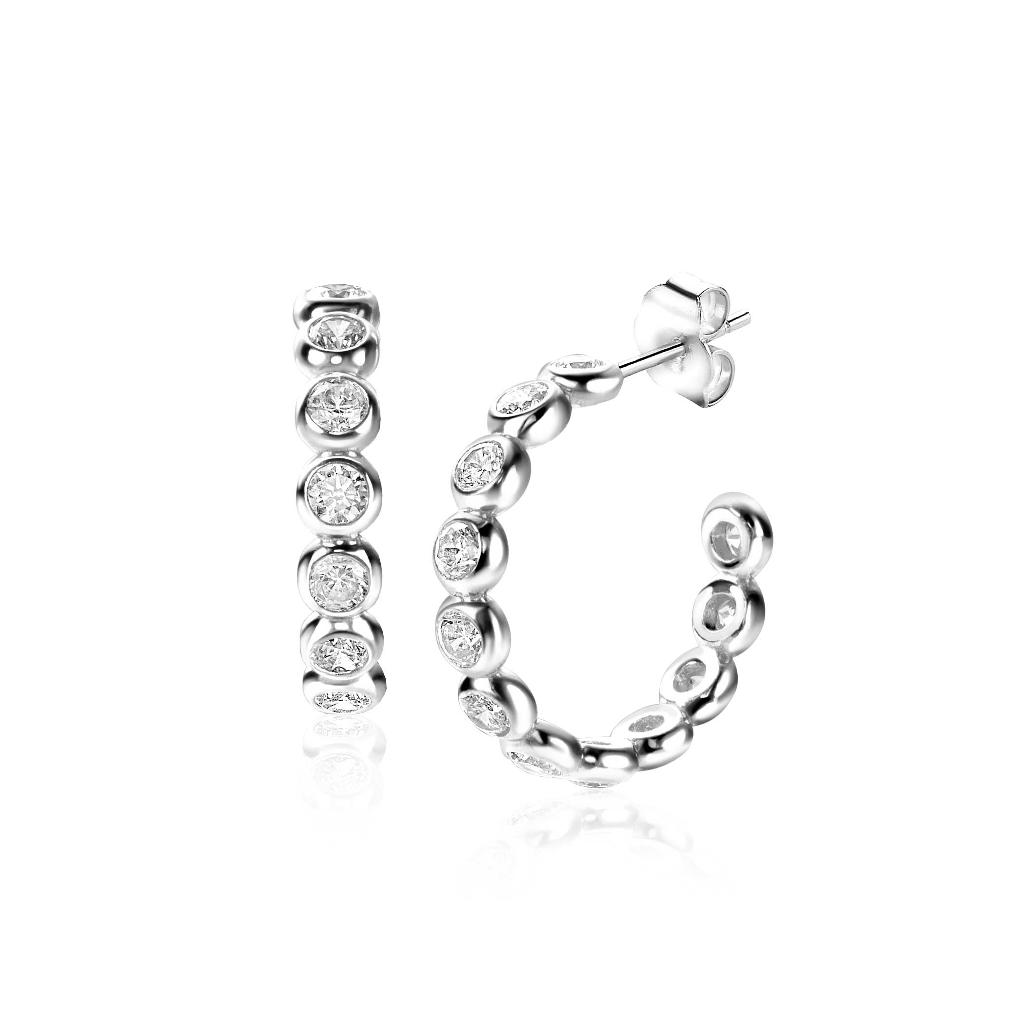 21mm ZINZI silver half hoop earrings, 4mm tube thickness, set with 12 white zirconias and with butterfly clasp ZIO2573
