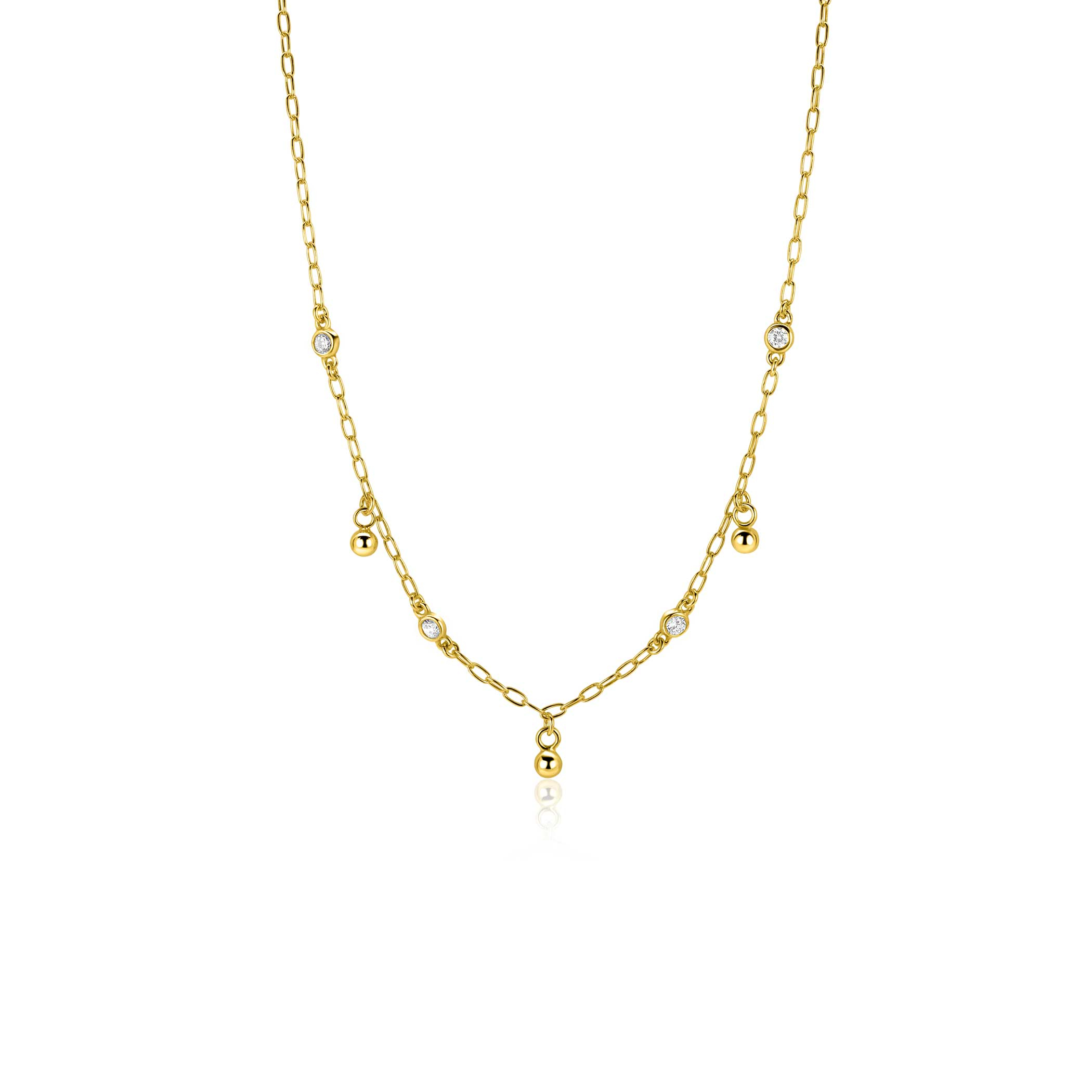 ZINZI gold plated silver link necklace with four white cubic zirconias and three round beads, evenly distributed across the necklace 42-45cm ZIC2658