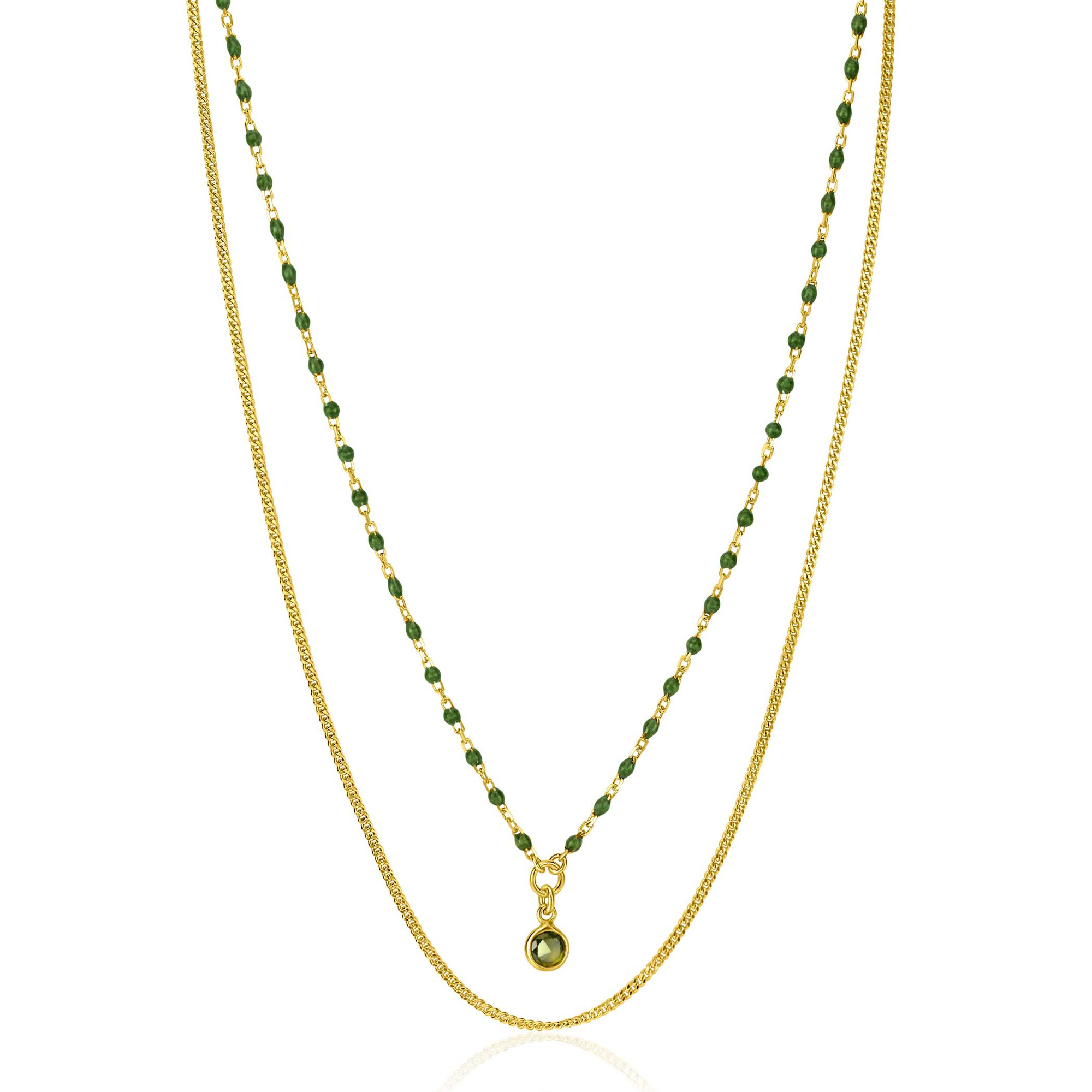 ZINZI Gold Plated Sterling Silver Multi-look Necklace Curb and Green Bead Chain with Round Setting with Olive Green Color Stone 42-45cm ZIC2528G