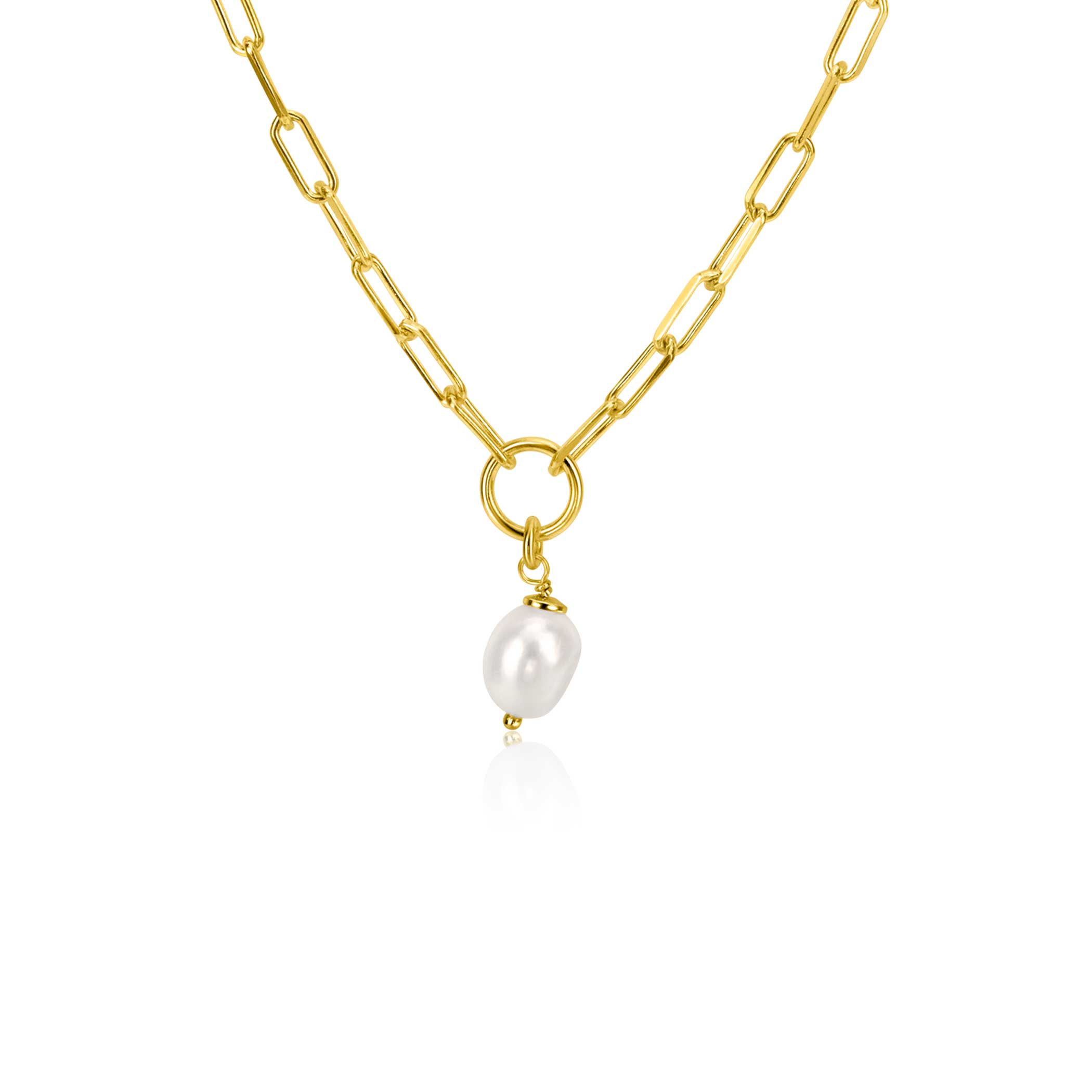 ZINZI gold-plated silver paperclip link necklace with open circle and white freshwater pearl, 42-45cm, ZIC-BF100