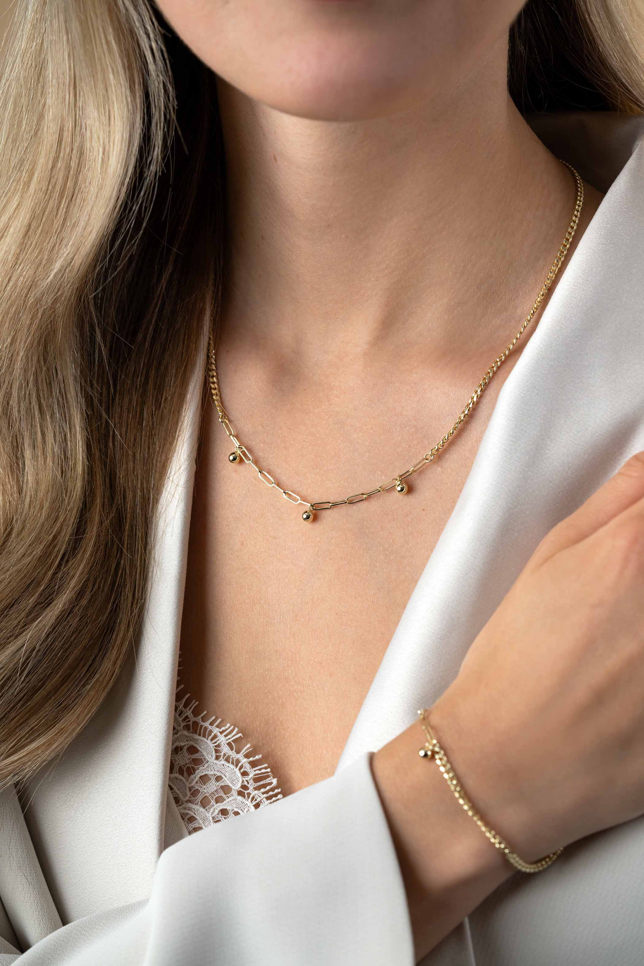 ZINZI Gold Plated Sterling Silver Chain Necklace Curb and Paperclip Chain with Beads 40-45cm ZIC2521G