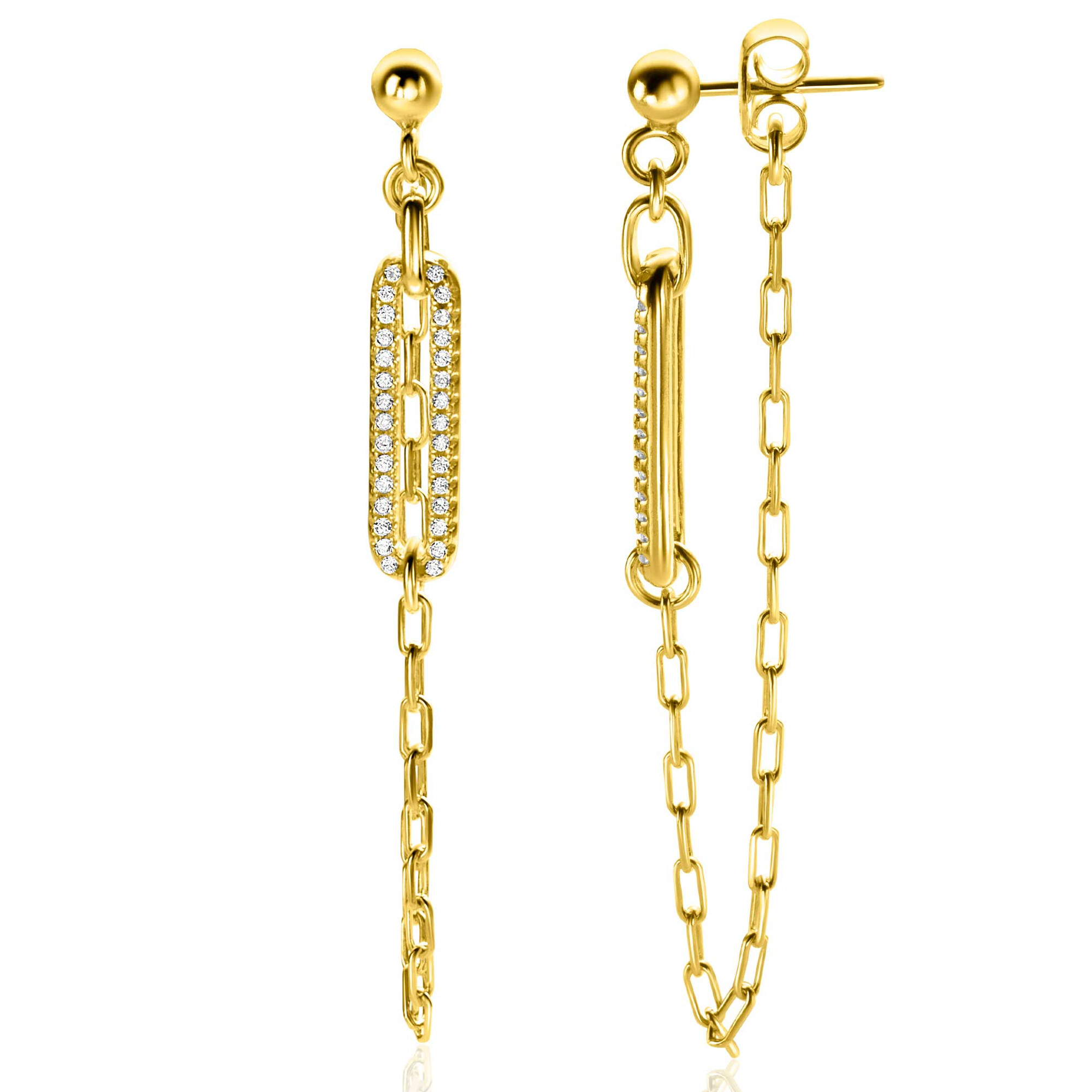 60mm ZINZI Gold Plated Sterling Silver Stud Earrings with Paperclip Chain and Open Oval White Zirconias ZIO2538