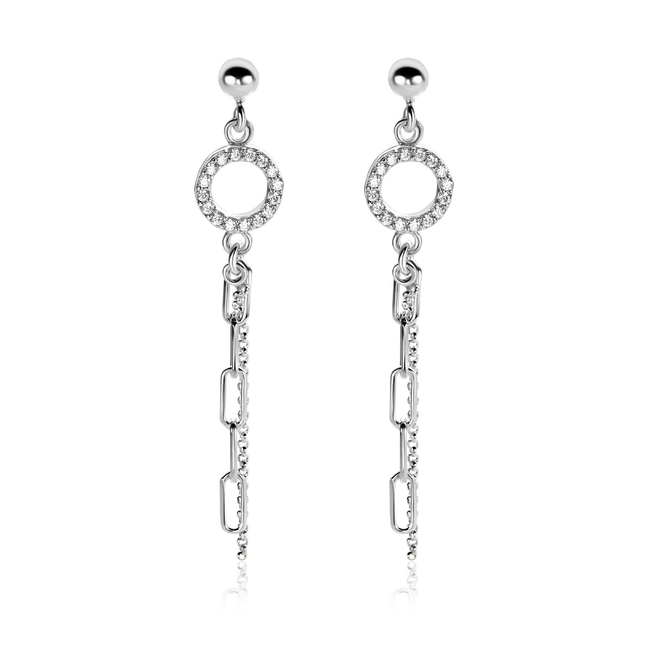46mm ZINZI Sterling Silver Stud Earrings Open Circle White Zirconias with Dangling Paperclip and Curb Chain ZIO2464