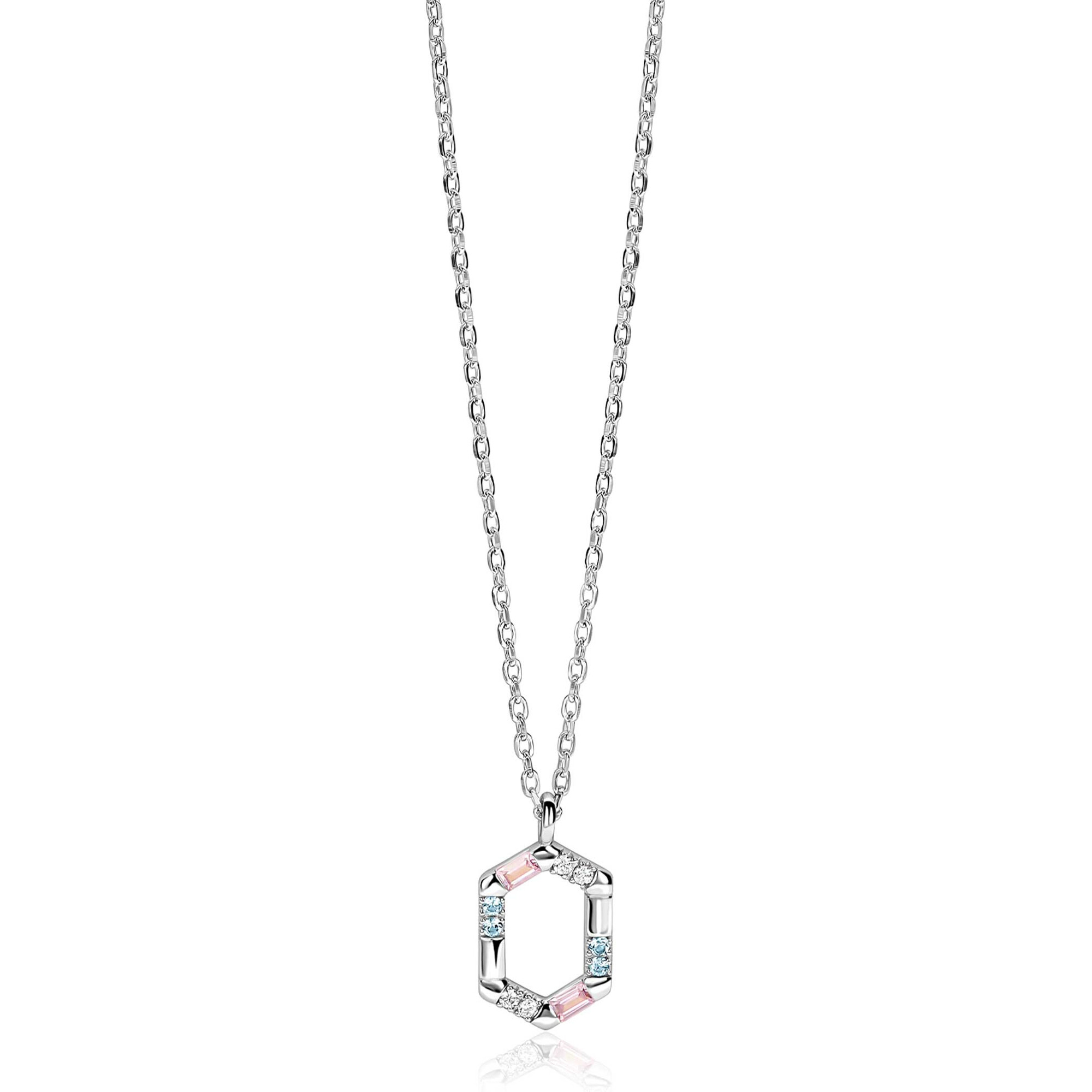 ZINZI zlv. collier met hanger 6-kant  roze/blauw/zirc.