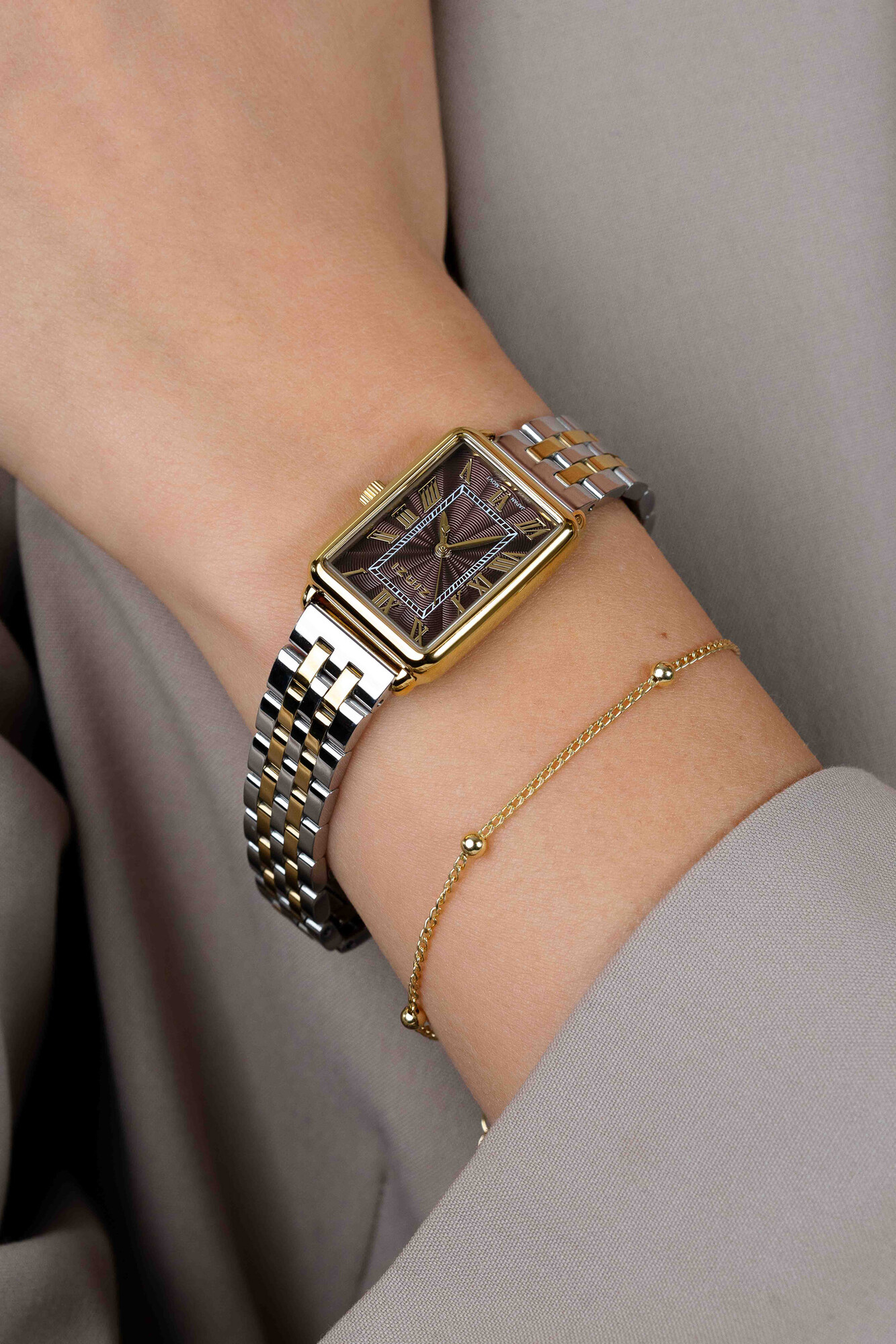 ZINZI Elegance Watch 28mm Brown Dial and Rectangular Case Stainless Steel bicolor Chain Strap Japanese movement ZIW1936