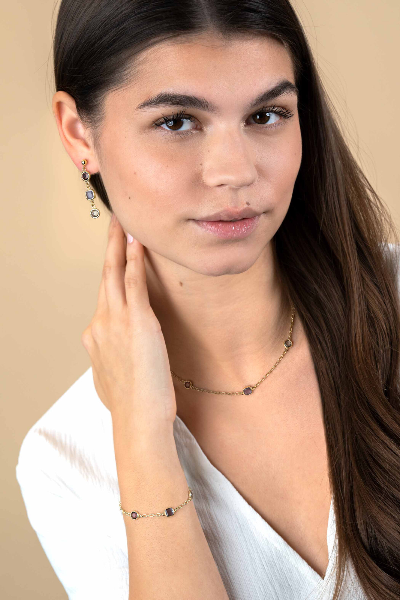 ZINZI Gold Plated Sterling Silver Chain Bracelet with Round and Square Settings with Pastel and Purple Color Stone 17-20cm ZIA2525G