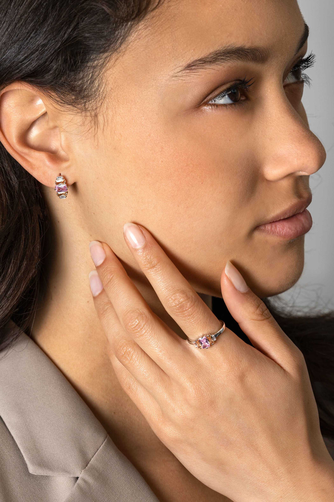 13mm ZINZI Sterling Silver Stud Earrings Baguette White Zirconia, Champagne and Pink ZIO2490