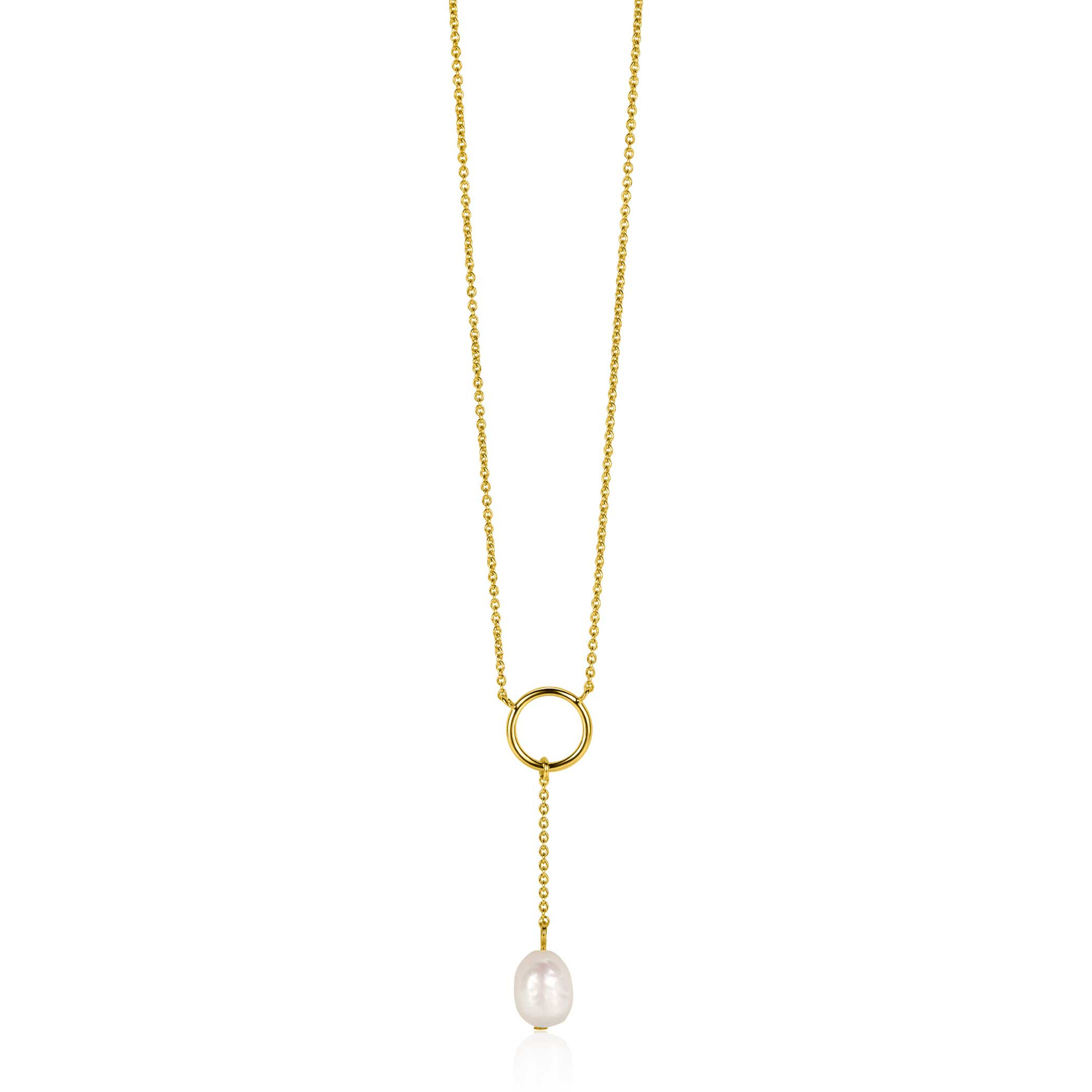 ZINZI gold plated silver Y-necklace with open circle and dangling white freshwater pearl in organic shape 42-45cm ZIC2615