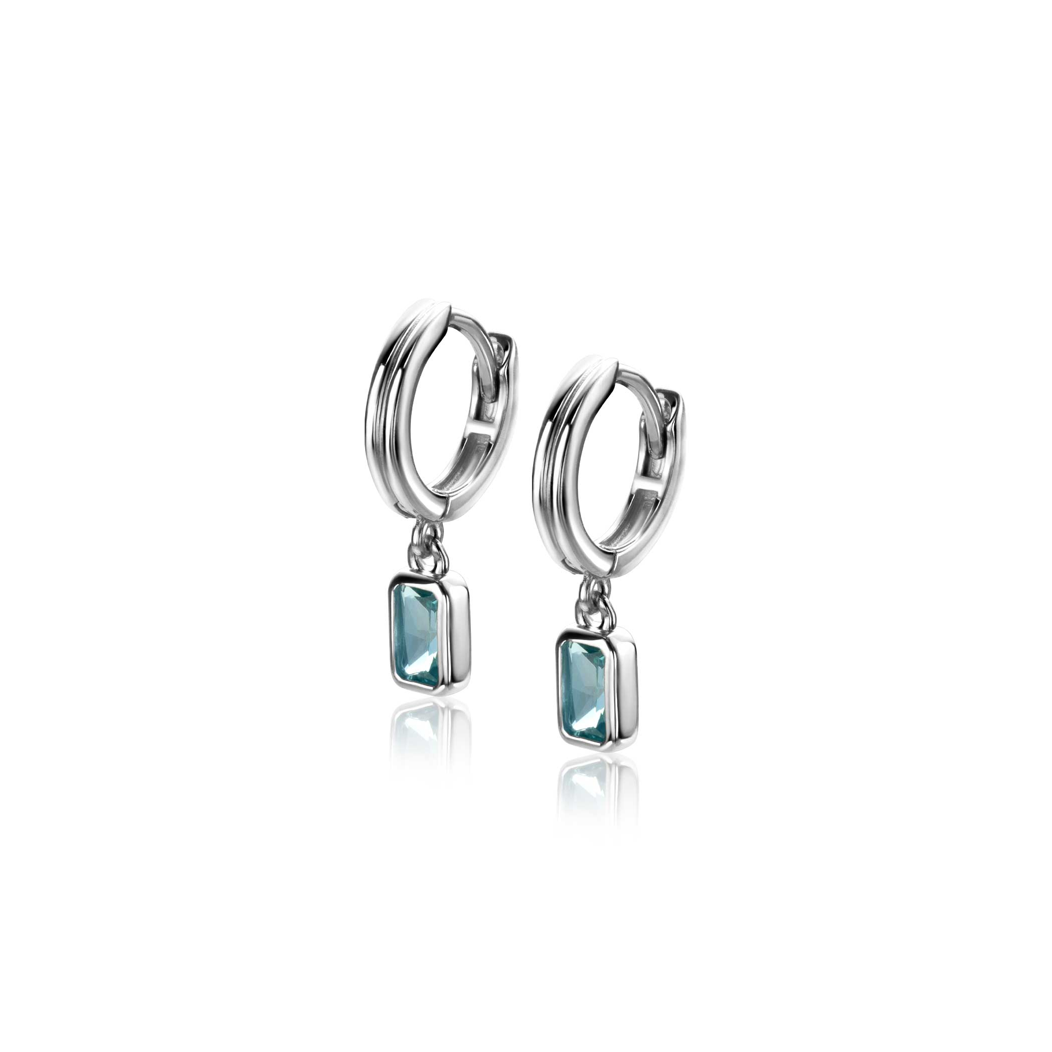 11mm ZINZI silver hoops with dangling rectangular pendants set with petrol blue stones ZIO2614