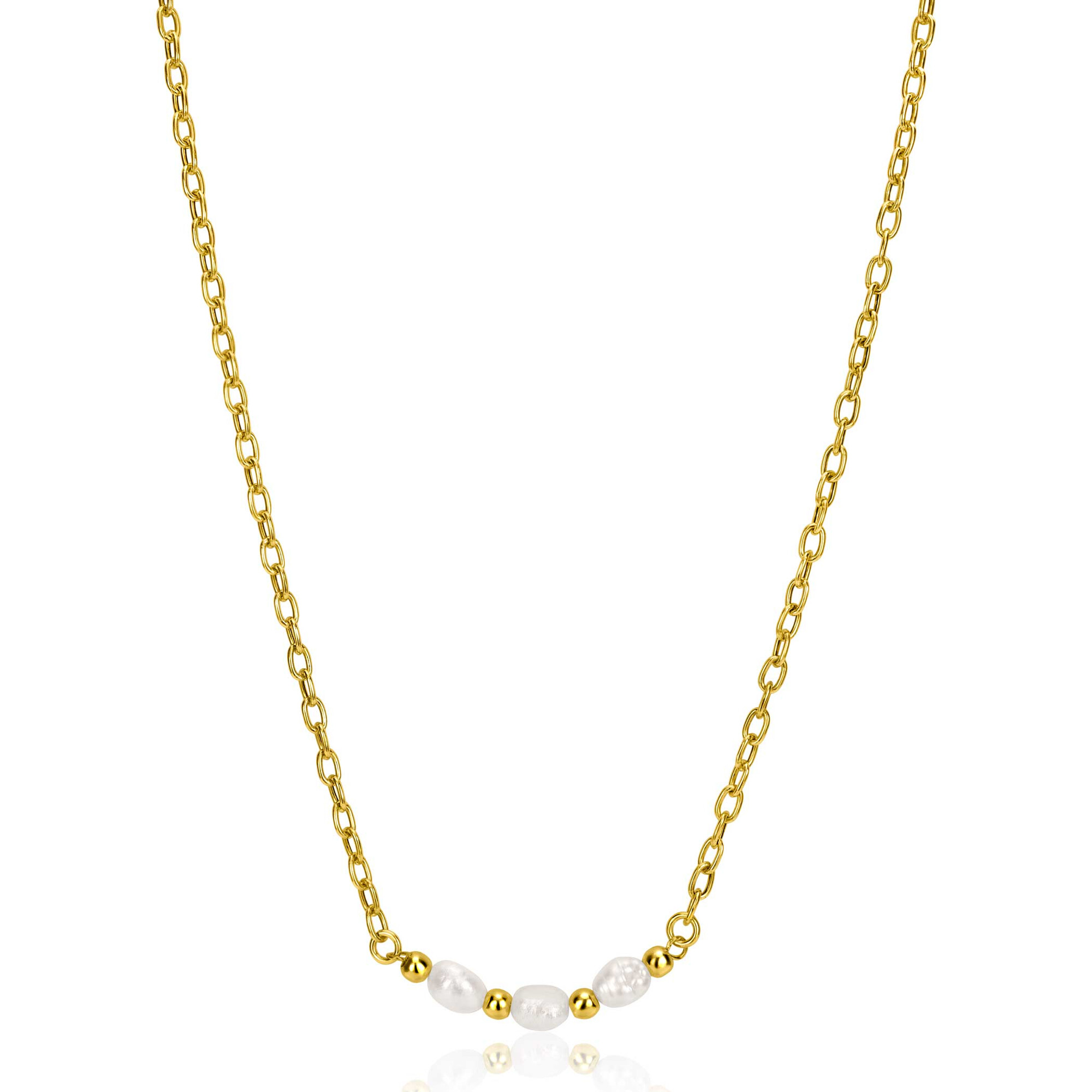ZINZI gold plated silver chain necklace with three white naturally shaped freshwater pearls in the middle 42-45cm ZIC2643