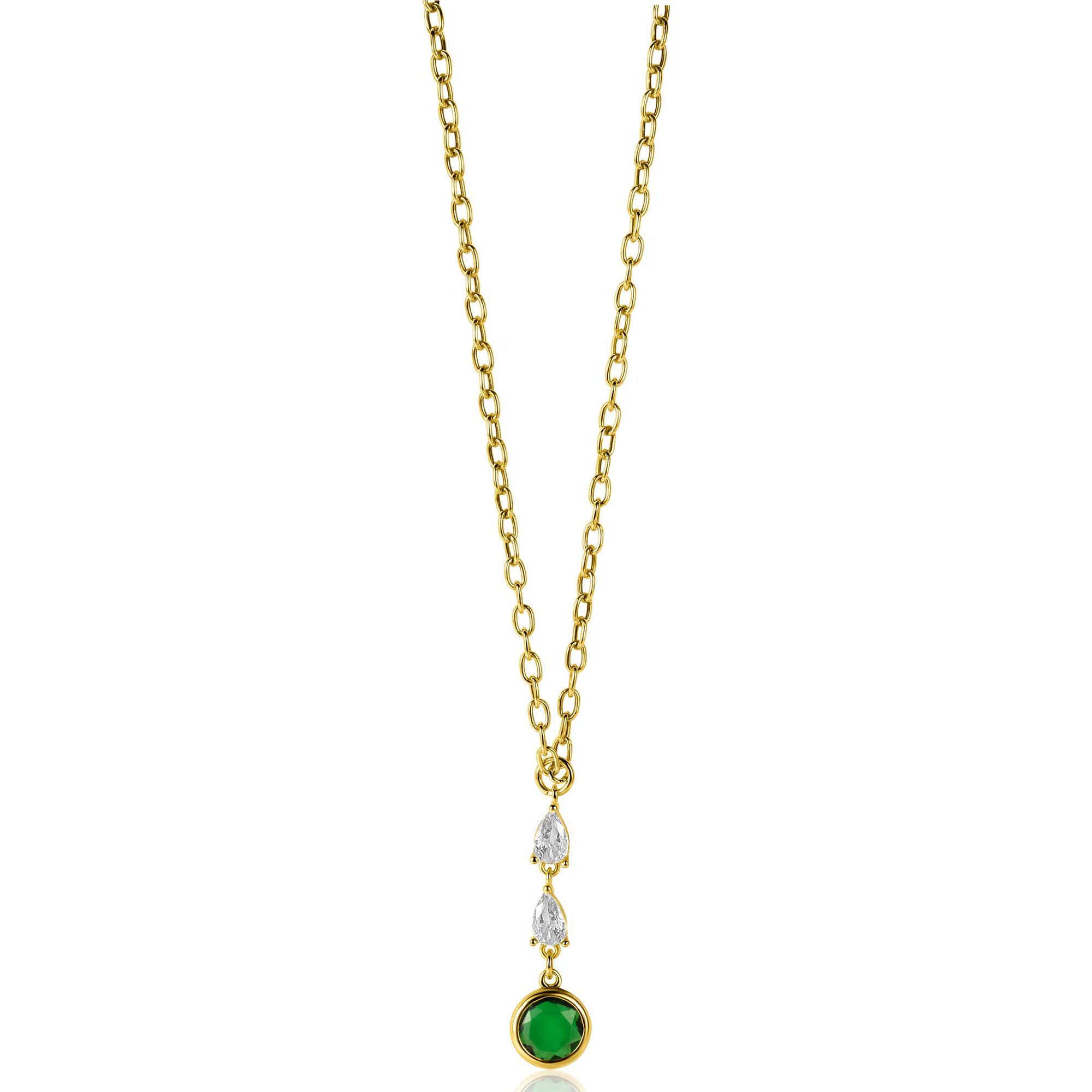 ZINZI Gold Plated Sterling Silver Chain Necklace with Beautiful Pendant (31mm): 2 Triangle Settings with White Zirconias and a Round Green Color Stone 40-45cm ZIC-BF69G