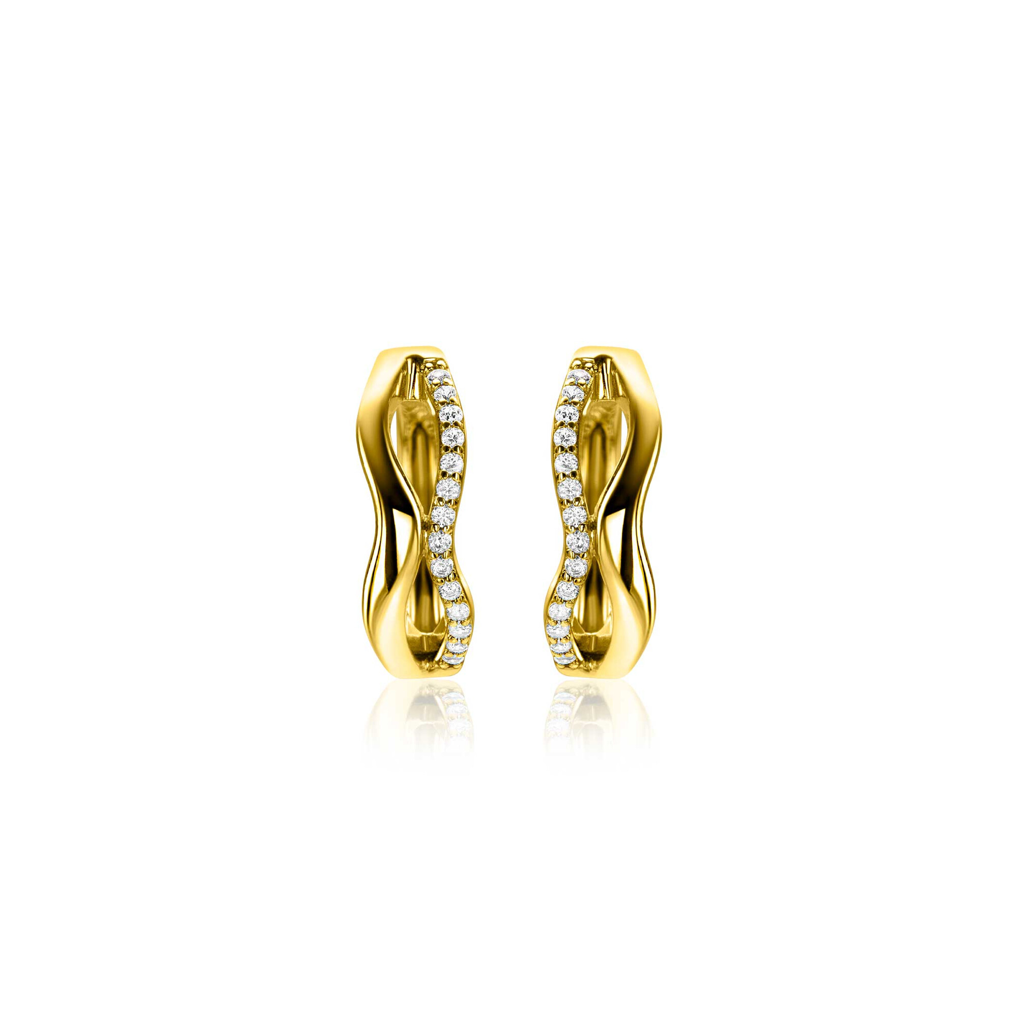 15mm ZINZI gold plated silver hoops organically shaped with two wavy lines, one of which is set with white zirconia, with luxury hinge closure ZIO2629Y