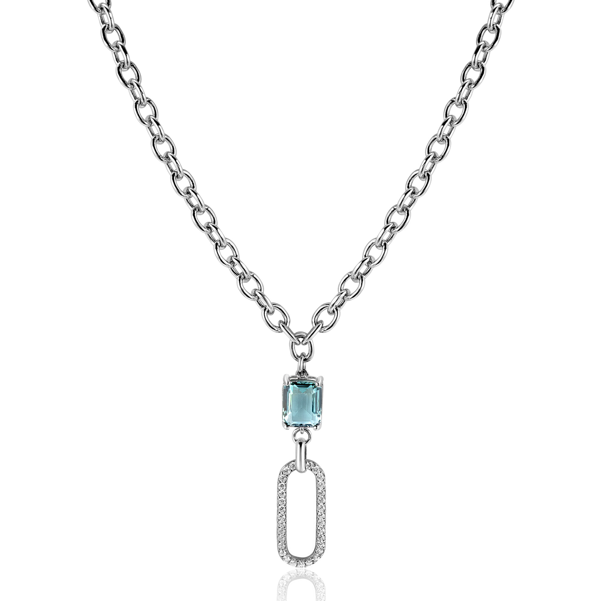 ZINZI Sterling Silver Fantasy Chain Necklace with Oval Pendant Set with White Zirconias and Green/Blue (Petrol) Color Stone in Prong Setting 45cm ZIC2487