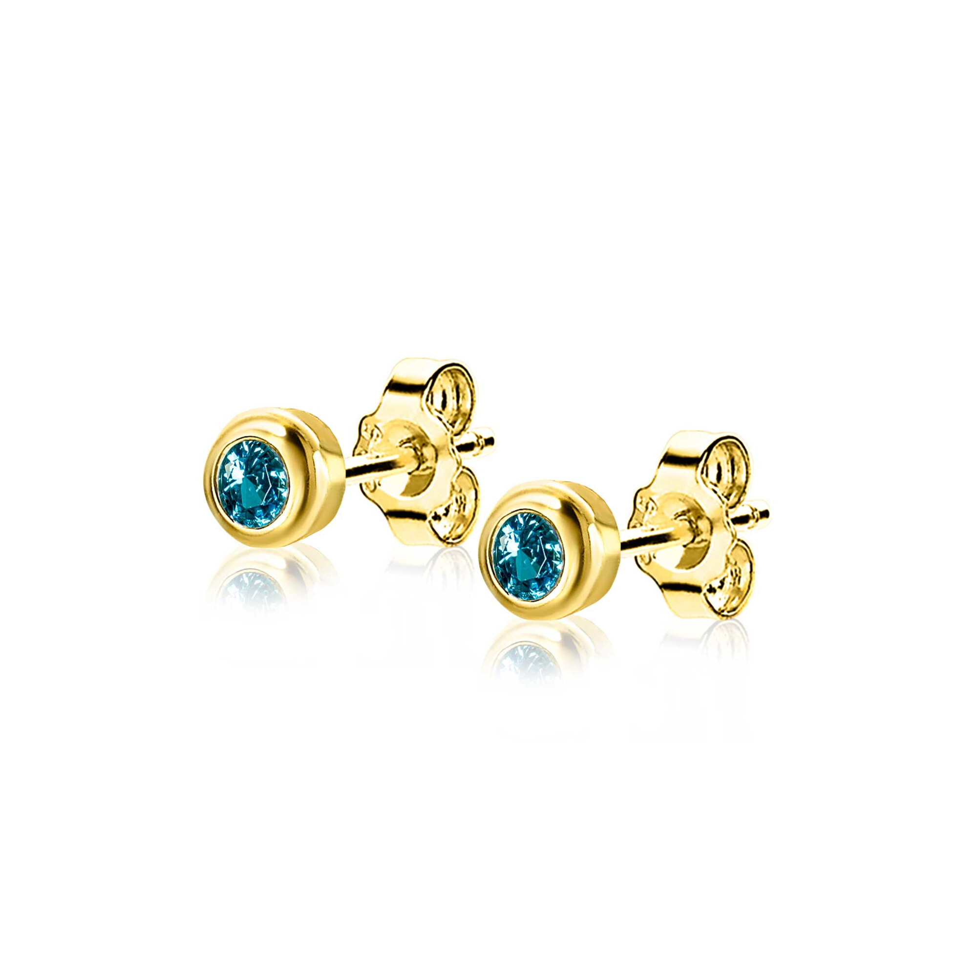 MARCH Stud Earrings 4mm Gold Plated with Birthstone Blue Aquamarine Zirconia