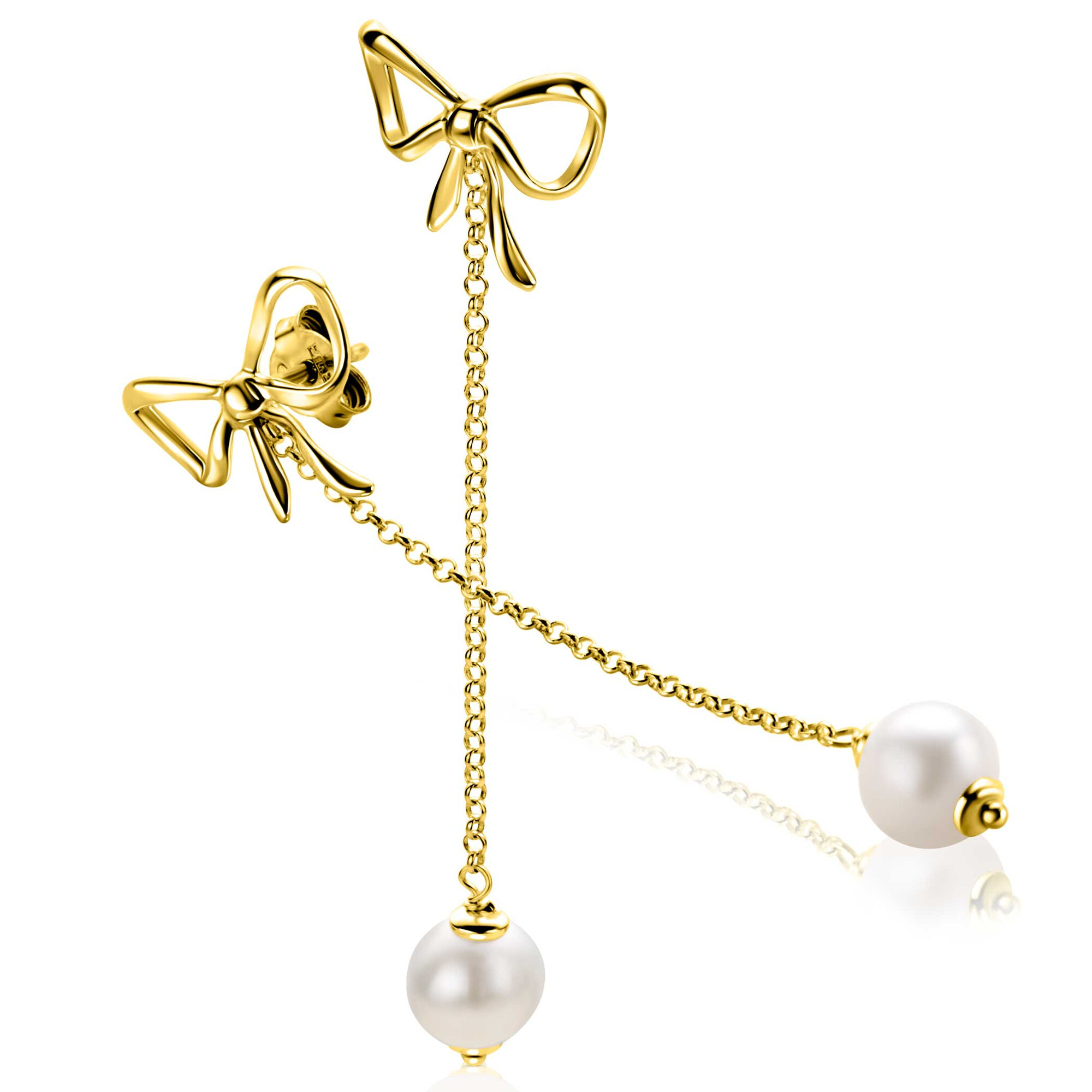 60mm ZINZI gold plated silver bow stud earrings with chain and freshwater pearl ZIO2677