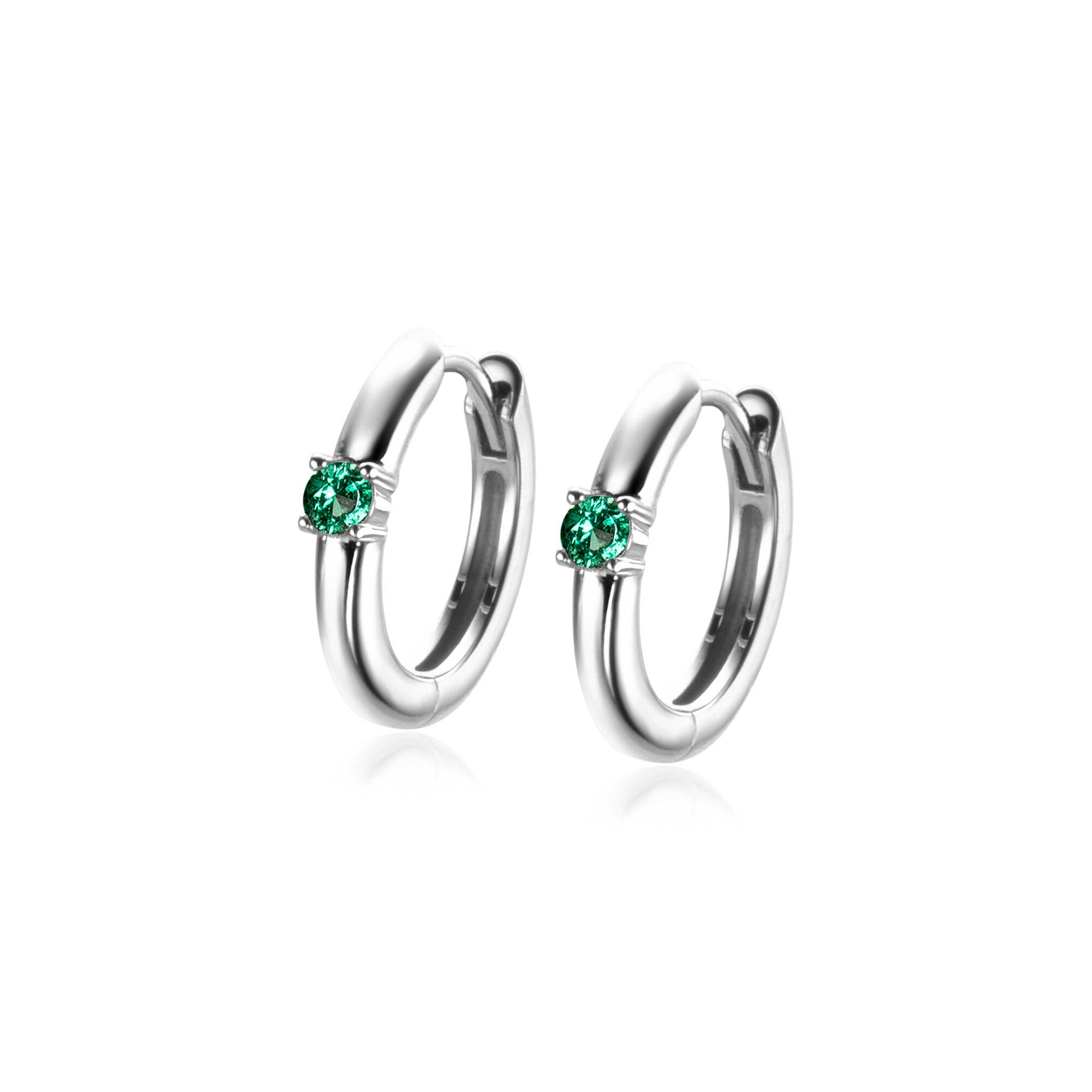 May Hoop Earrings 13mm Sterling Silver with Birthstone Green Emerald Zirconia
