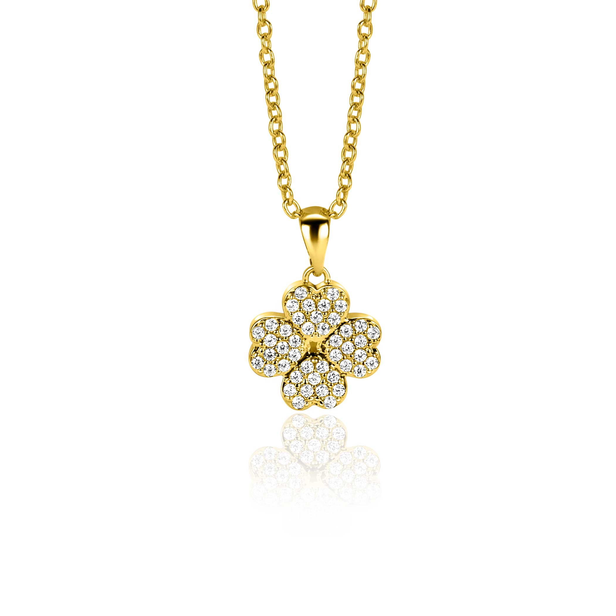 16mm ZINZI gold plated silver four-leaf clover pendant set with white zirconias ZIH2618 (without necklace)