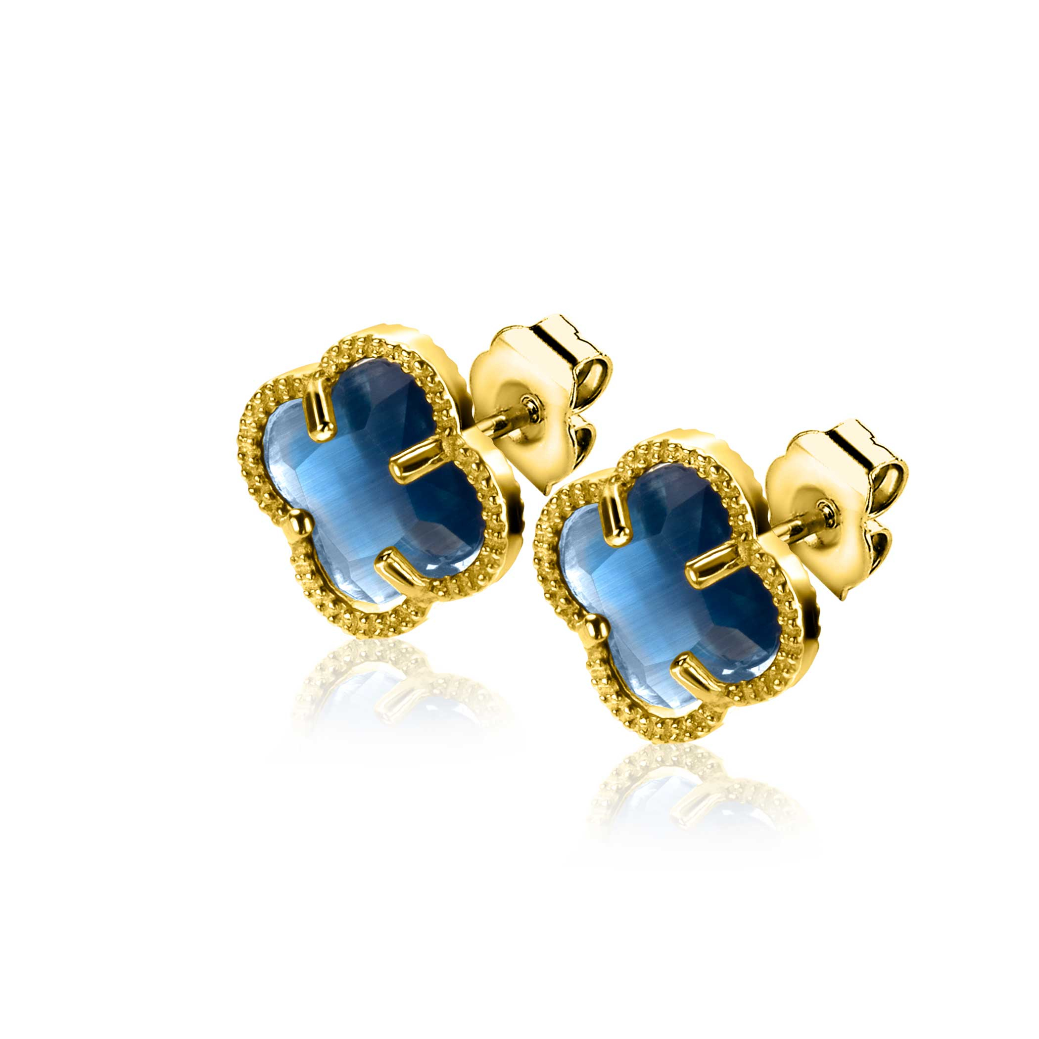 9mm ZINZI gold plated silver stud earrings in clover shape with dark blue gemstone ZIO2662DB