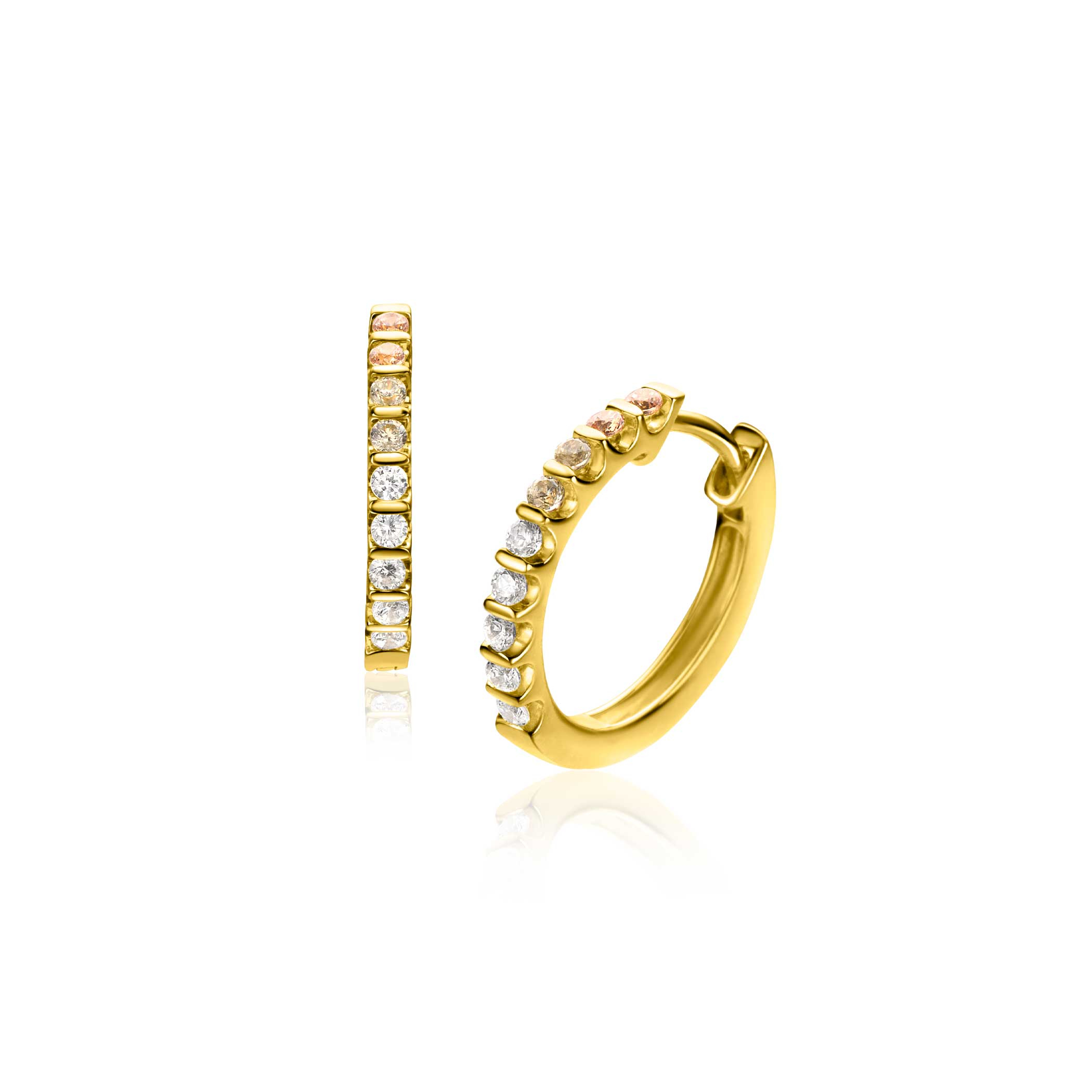 15mm ZINZI gold plated silver hoops set with champagne, peridot and white zirconia with luxury hinge closure ZIO2612