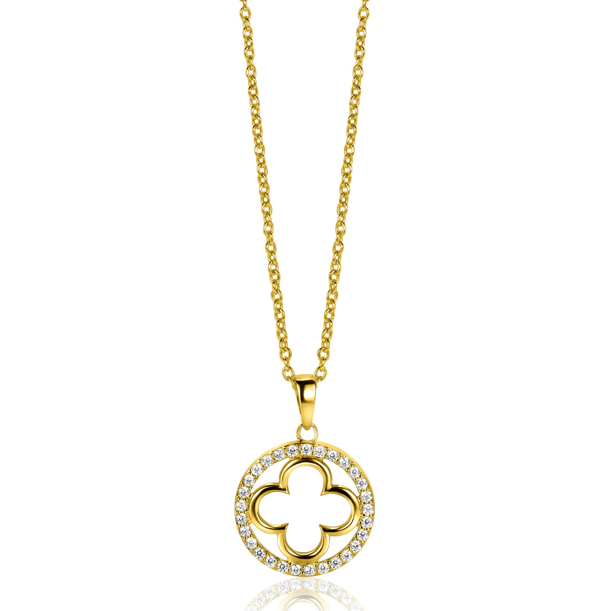 ZINZI gold plated silver necklace with luxury clover pendant (15mm) fully set with white zirconia 45-48cm ZIC2617Y