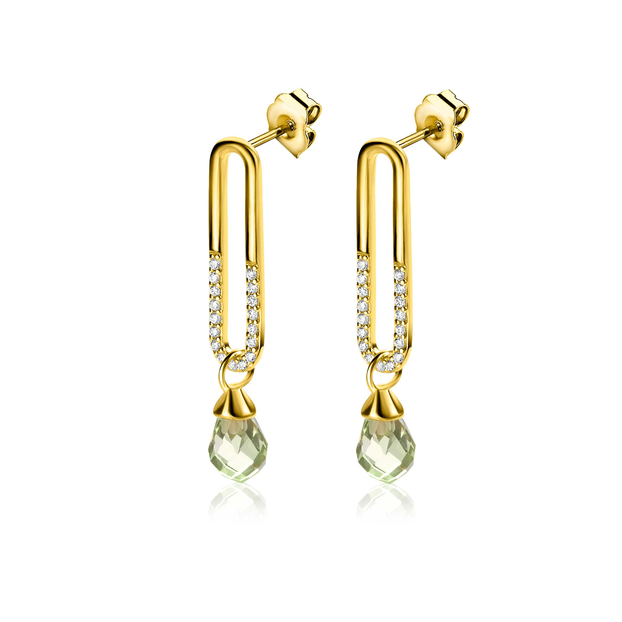 30mm ZINZI Gold Plated Sterling Silver Stud Earrings with Trendy Open Oval Shape and Green Peridot Drop Charm ZIO2430