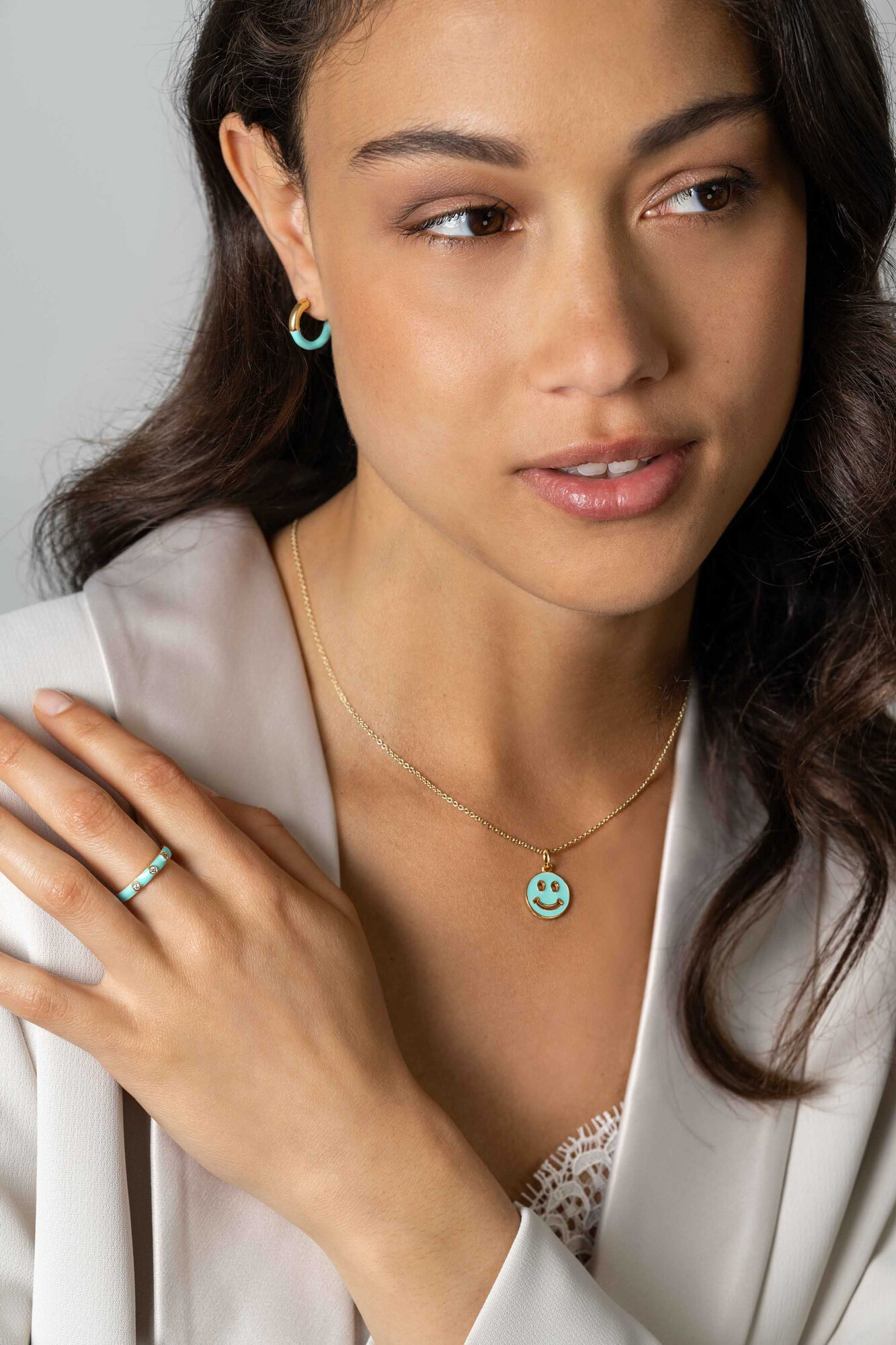 ZINZI Gold Plated Sterling Silver Stackable Ring Trendy Turquoise Enamel and White Zirconias 3mm ZIR2315T