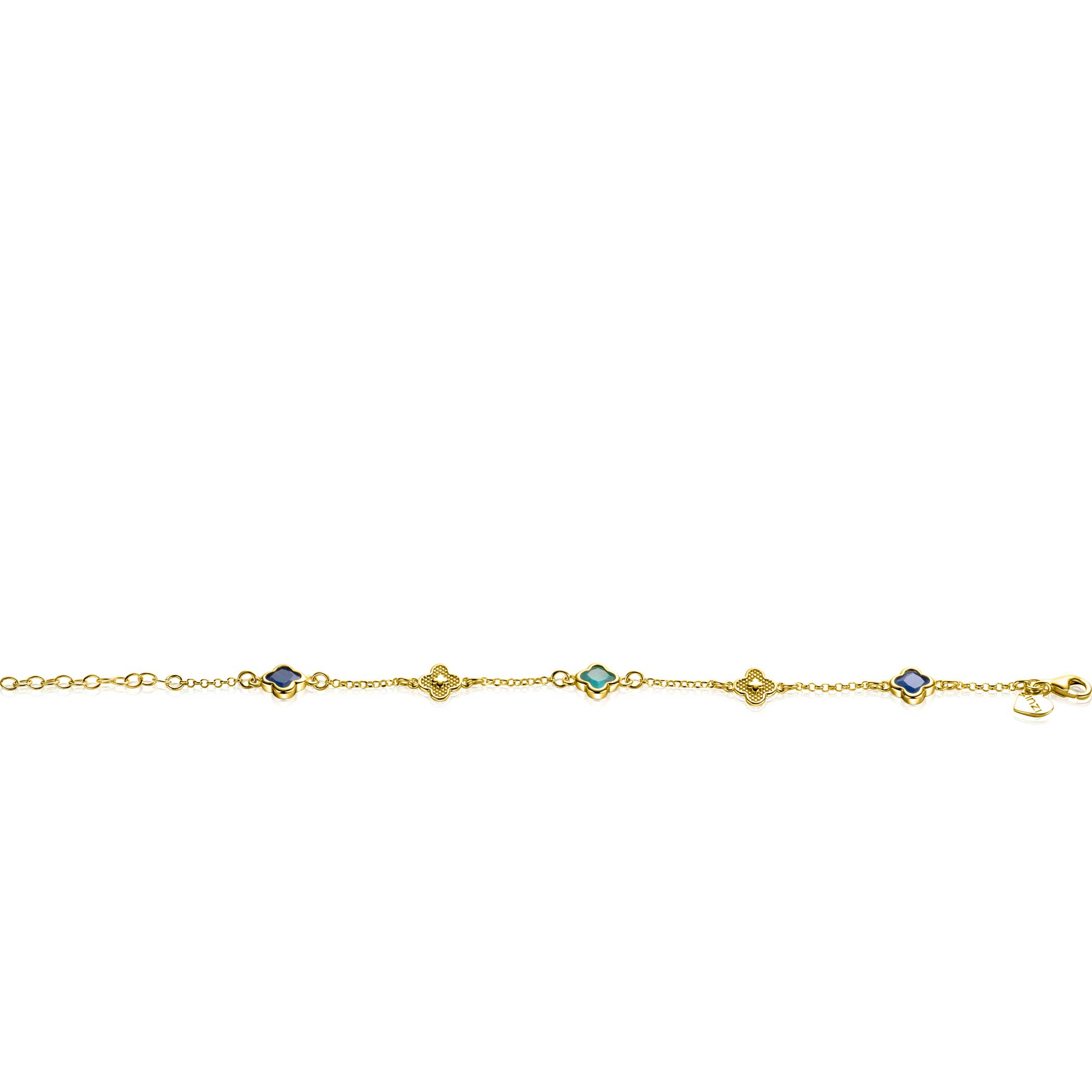 ZINZI gold plated silver link bracelet with two dark blue clovers and one green clover 16-19cm ZIA2583
