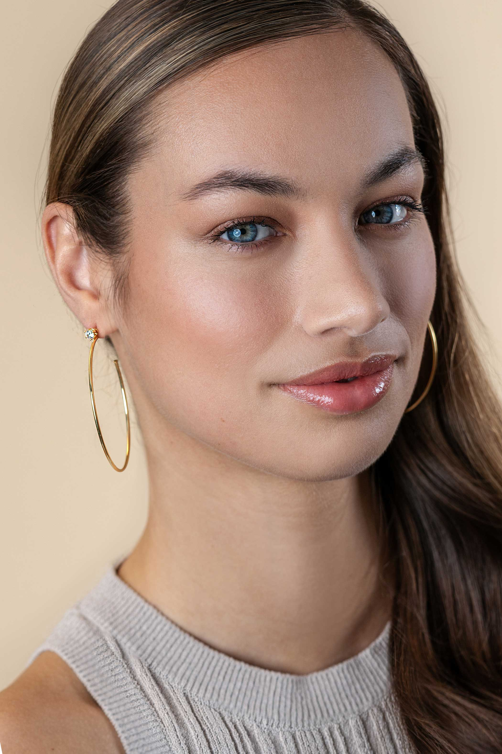 55mm ZINZI gold plated silver stud earrings with 5mm white zirconia and half hoop design, 55mm in size with 1.5mm tube thickness ZIO2574Y
