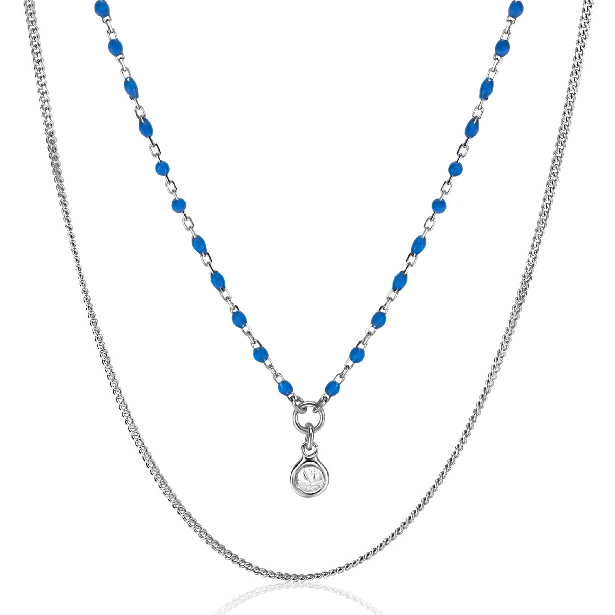 ZINZI Sterling Silver Multi-look Necklace Curb and Blue Bead Chain with Round Setting with White Zirconia 42-45cm ZIC2529