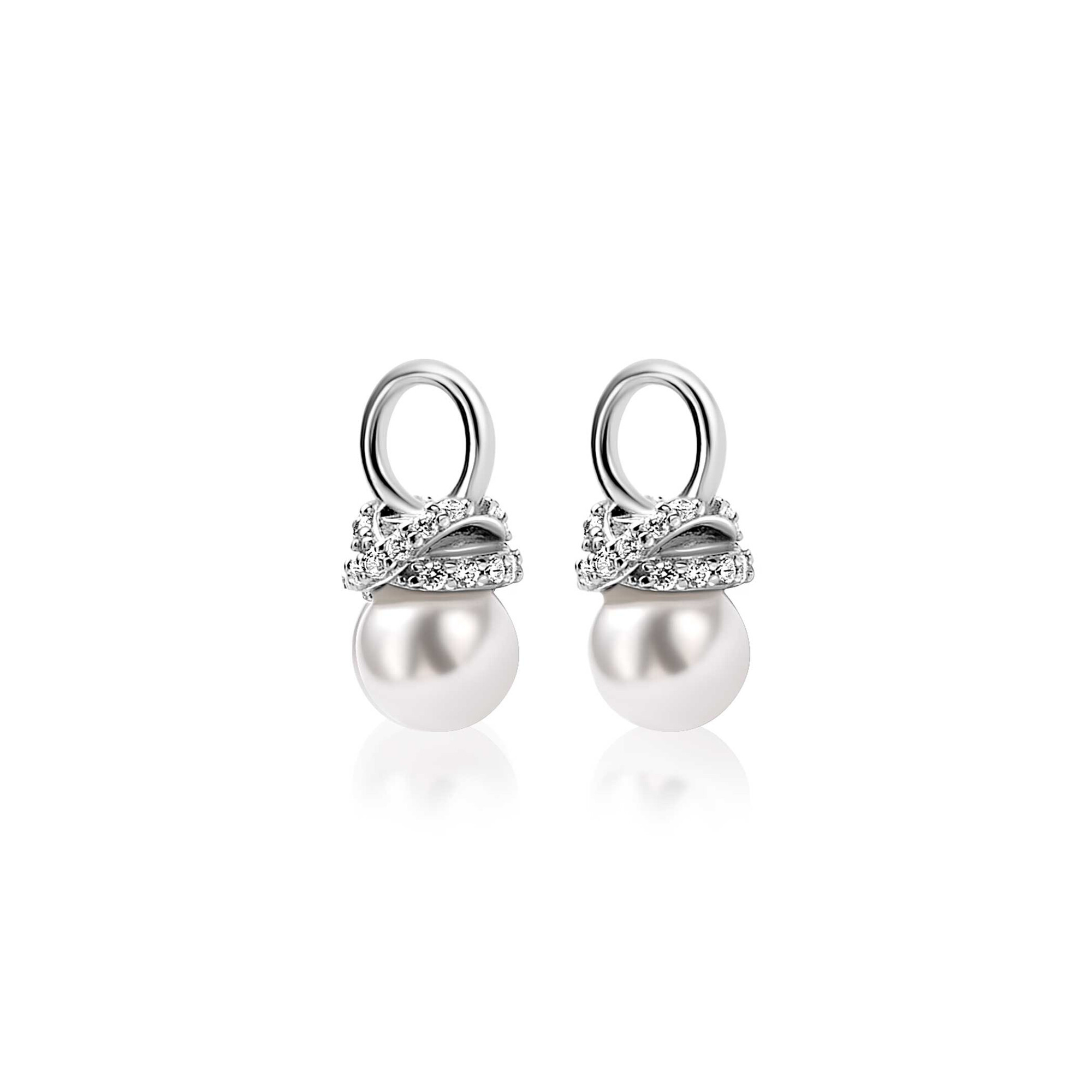 ZINZI zlv. oorbedels parel met zirconia's in x vorm