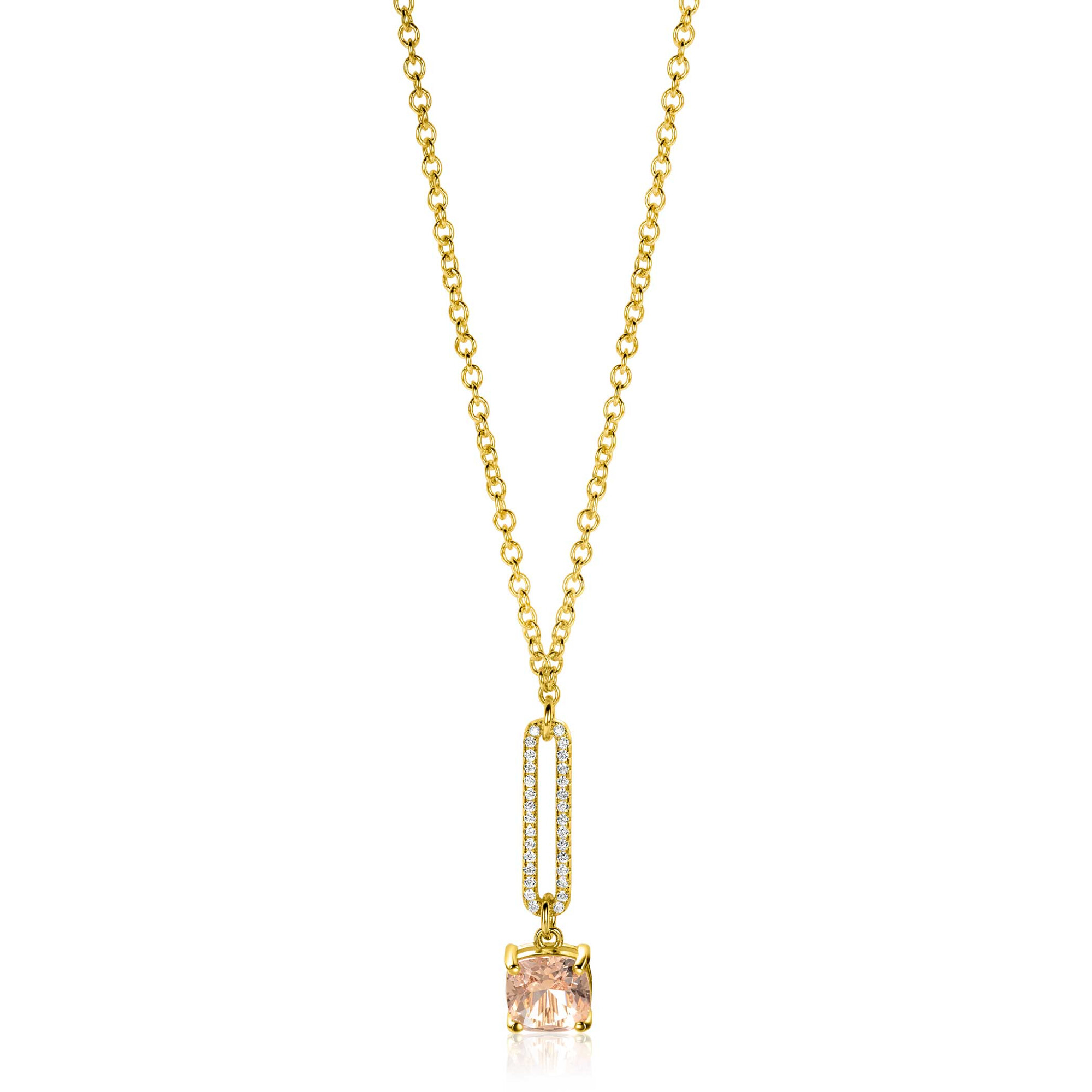 ZINZI gold plated silver belcher chain necklace with dazzling open oval shape and square pendant in light pink 42-45cm ZIC2579
