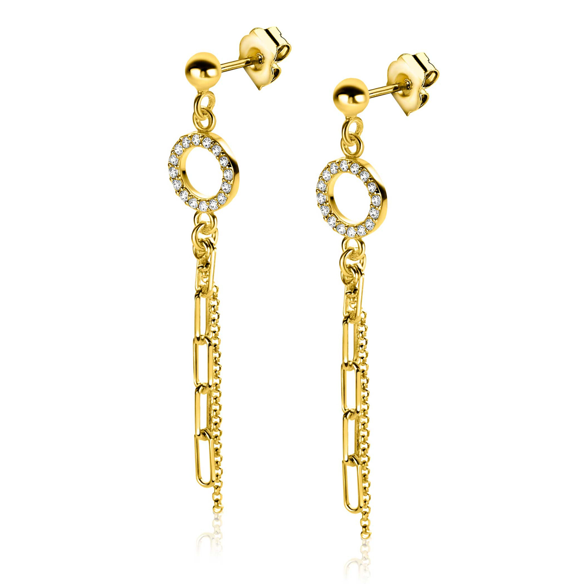 46mm ZINZI Gold Plated Sterling Silver Stud Earrings Open Circle White Zirconias with Dangling Paperclip and Curb Chain ZIO2464Y