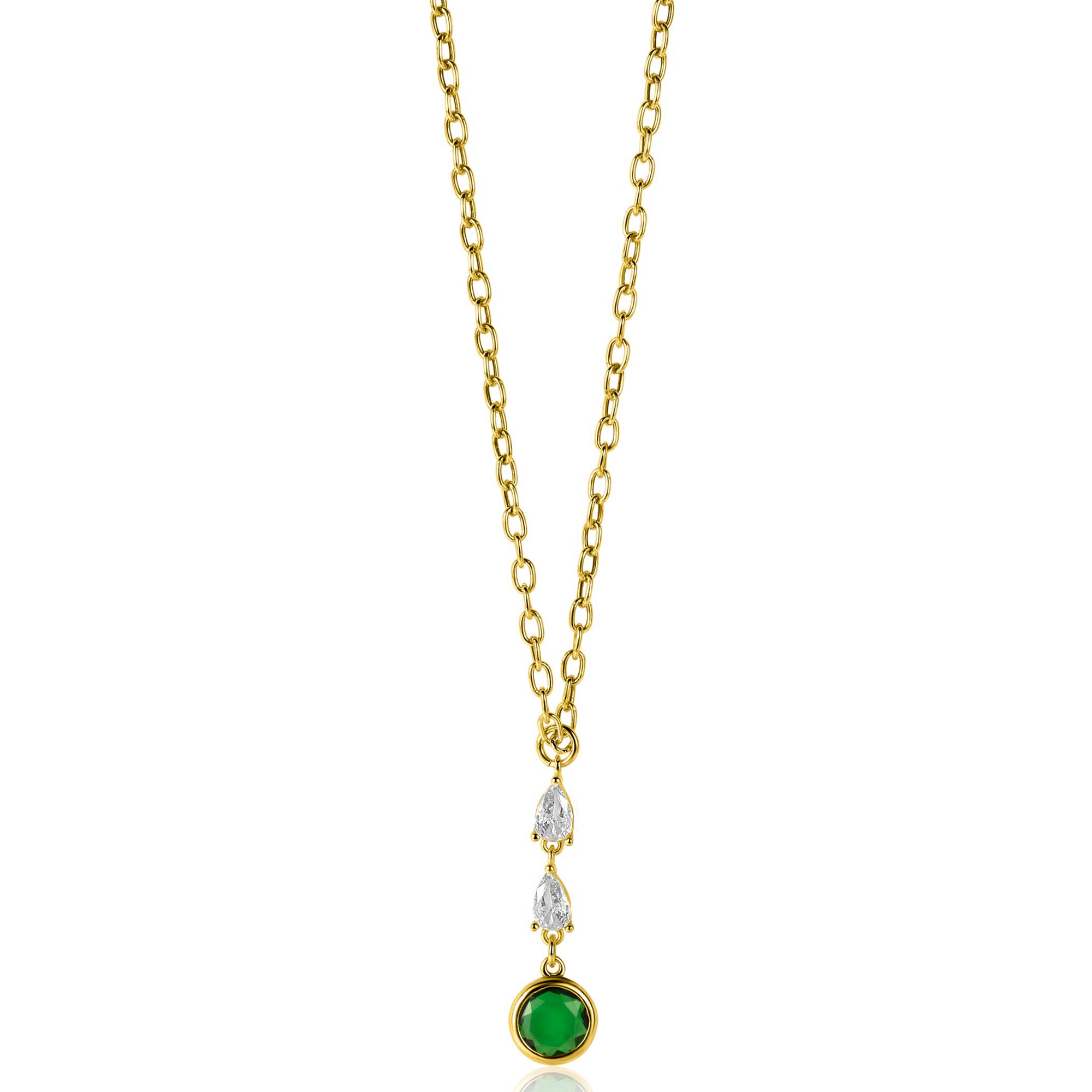 ZINZI Gold Plated Sterling Silver Chain Necklace with Beautiful Pendant (31mm): 2 Triangle Settings with White Zirconias and a Round Green Color Stone 40-45cm ZIC-BF69G