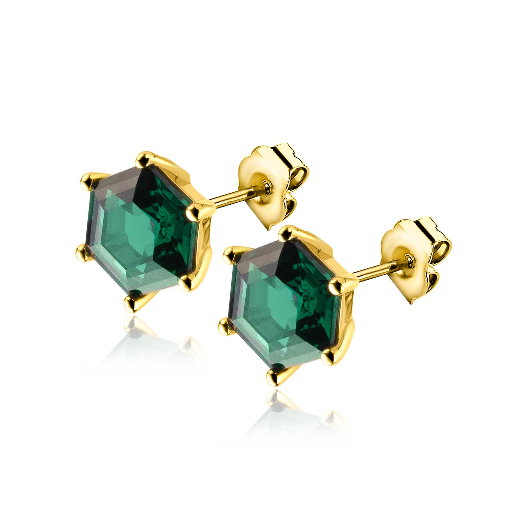 7mm ZINZI Gold Plated Sterling Silver Stud Earrings Hexagon with Green Color Stone ZIO2259G