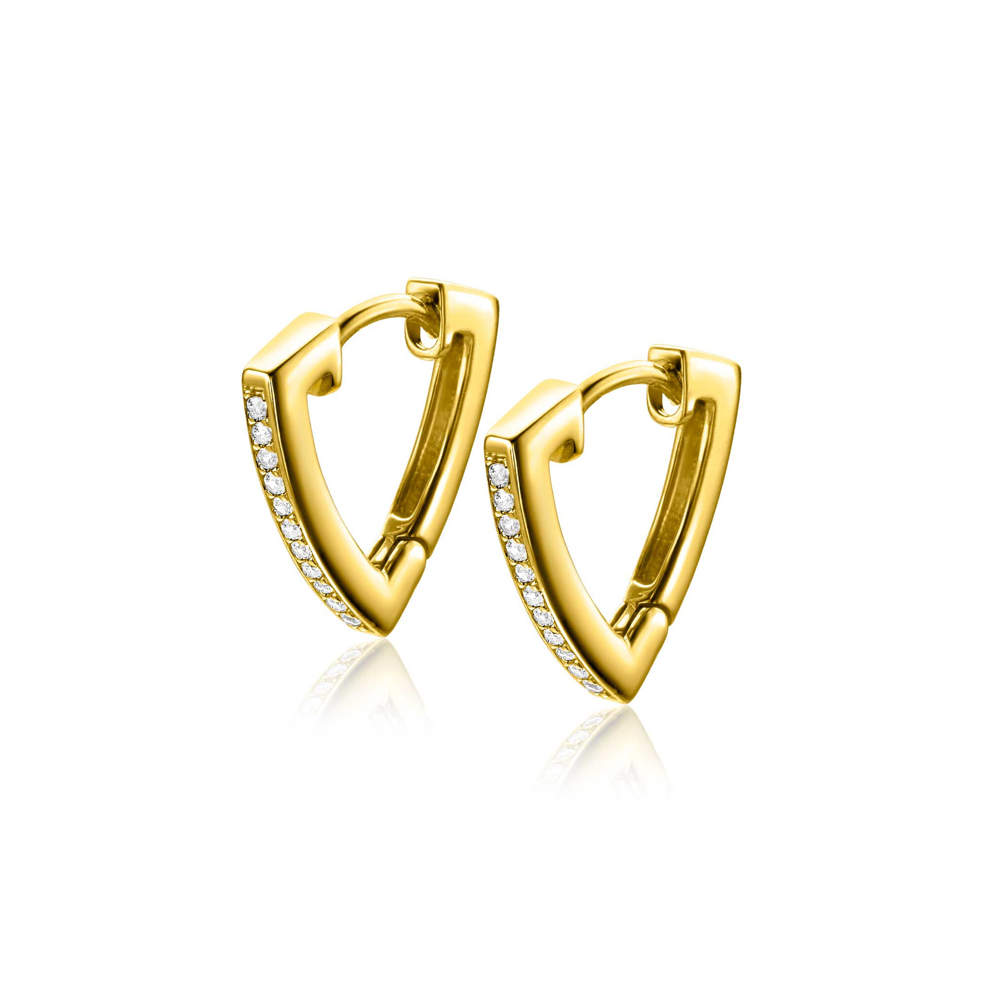 14mm ZINZI gold plated silver hoops in triangular shape set with white zirconia ZIO2607