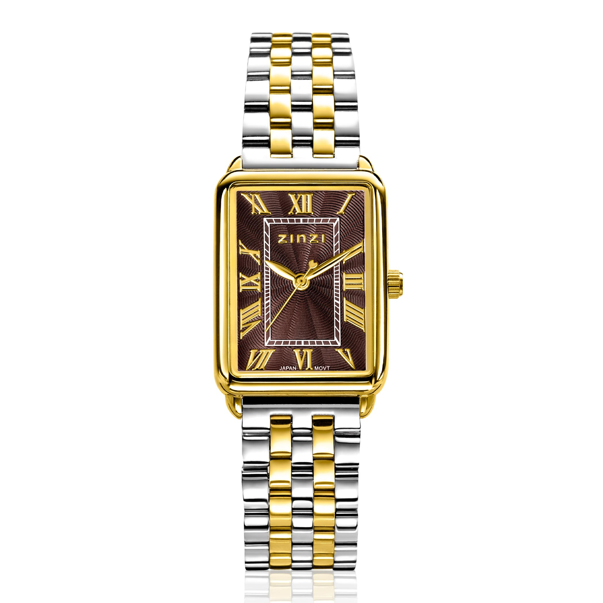 ZINZI Elegance Watch 28mm Brown Dial and Rectangular Case Stainless Steel bicolor Chain Strap Japanese movement ZIW1936