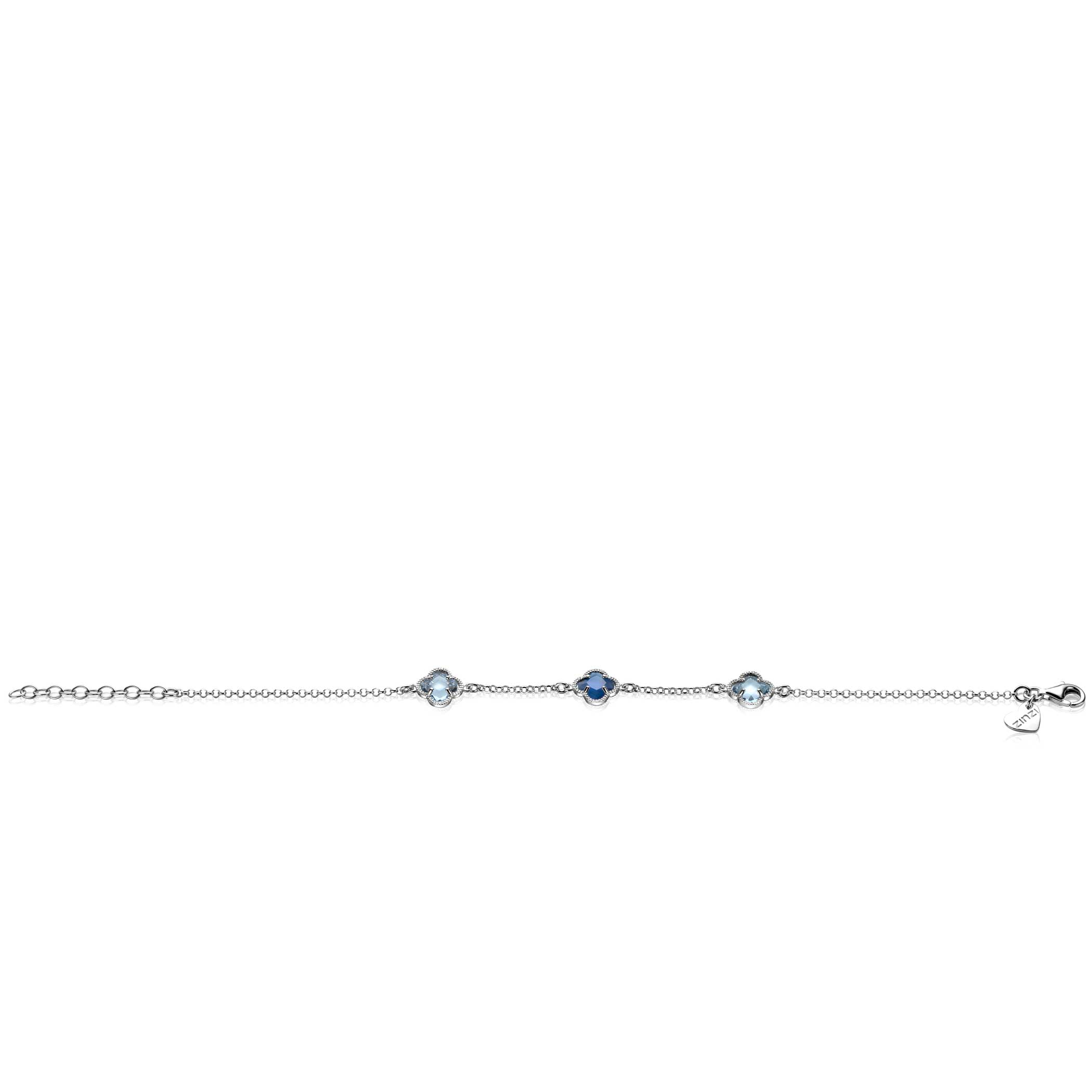 ZINZI silver link bracelet with two light blue clovers and one dark blue clover in the center 17-20cm ZIA2663B